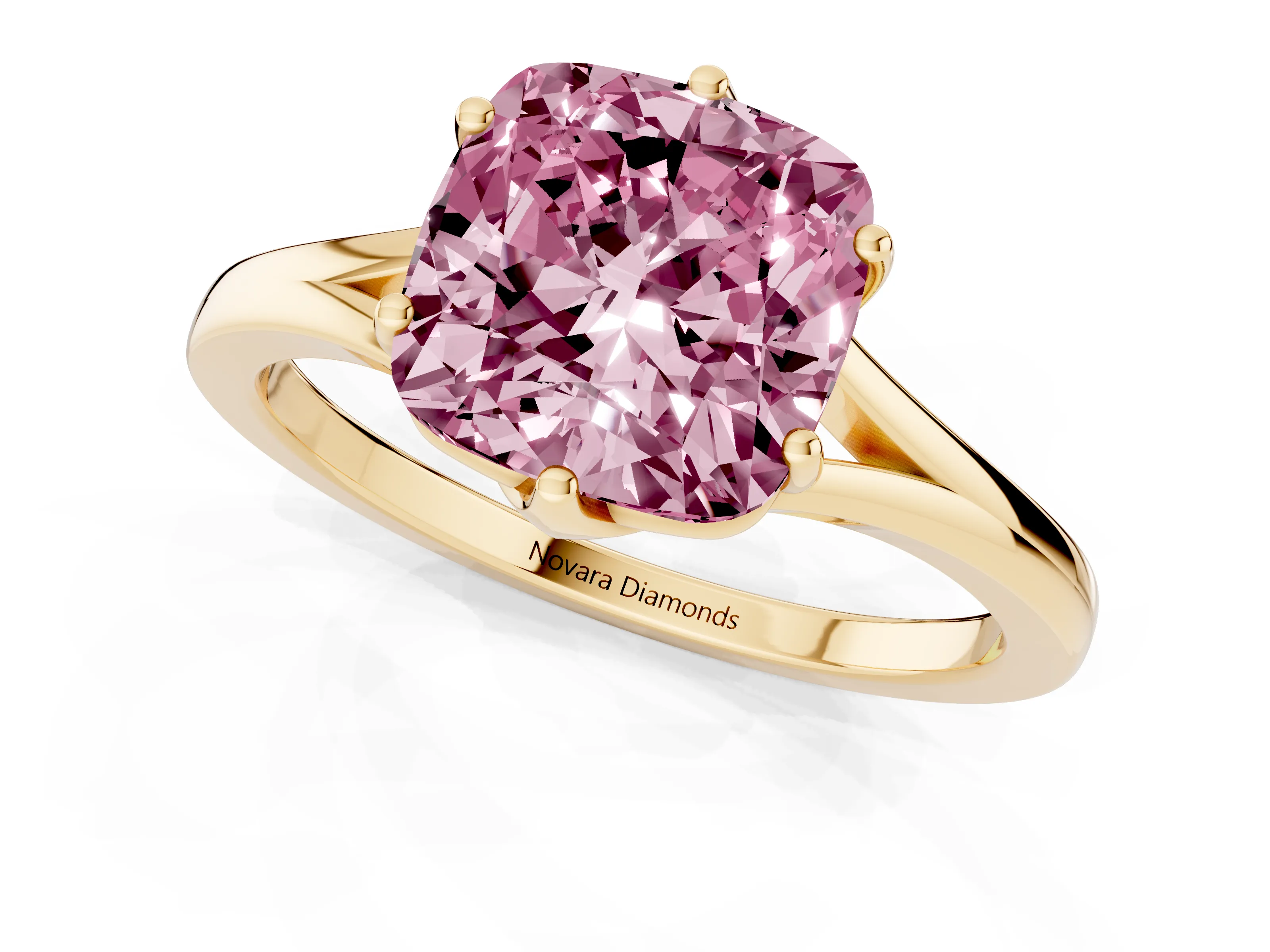 Fancy Pink Cushion Cut Diamond Solitaire Ring Set in Yellow gold with Polished Tapered Band and Prong Setting
