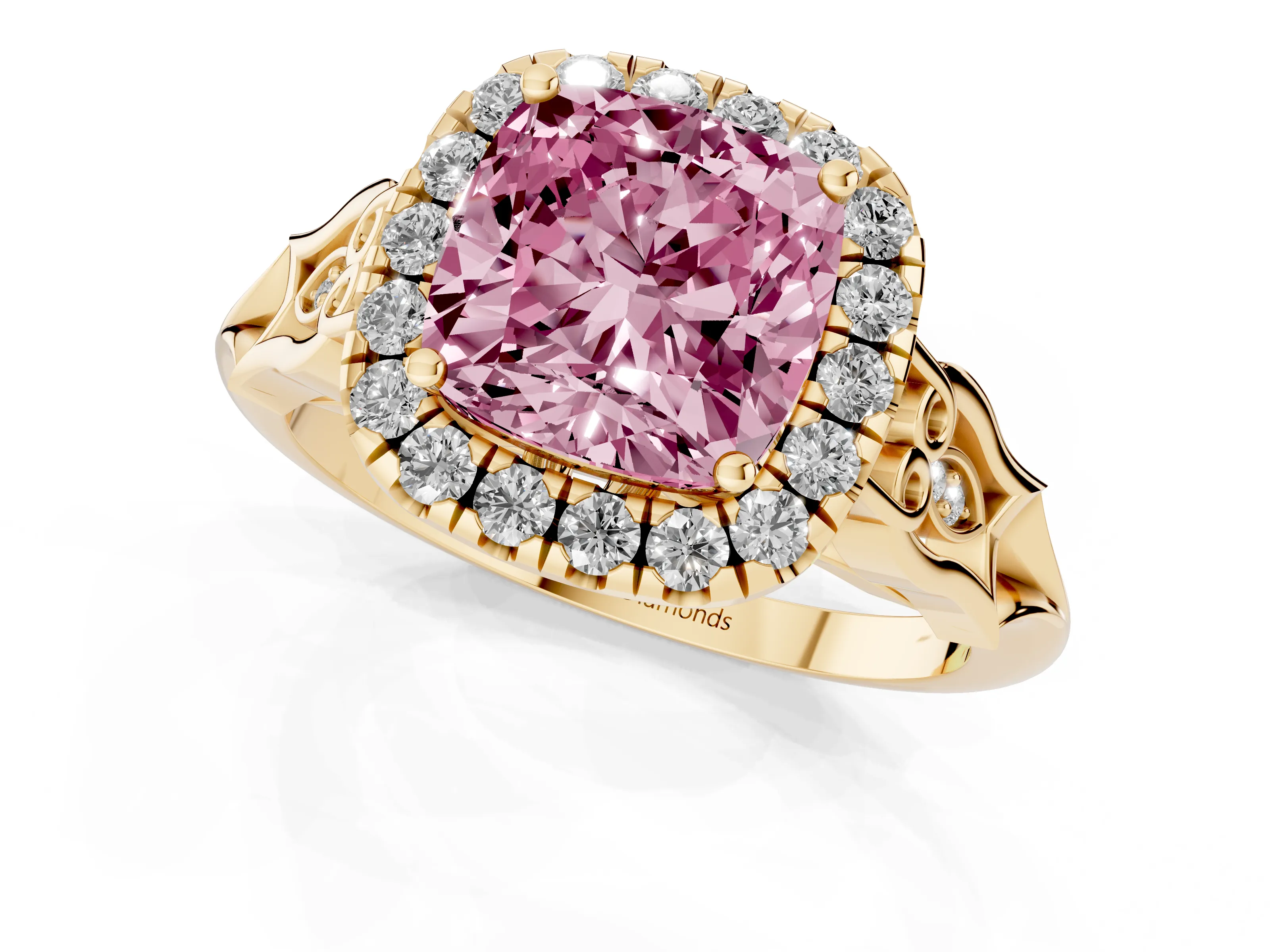 Fancy Pink Cushion Cut Diamond Halo Engagement Ring Set in Yellow gold with Filigree Band and Prong-Set Center
