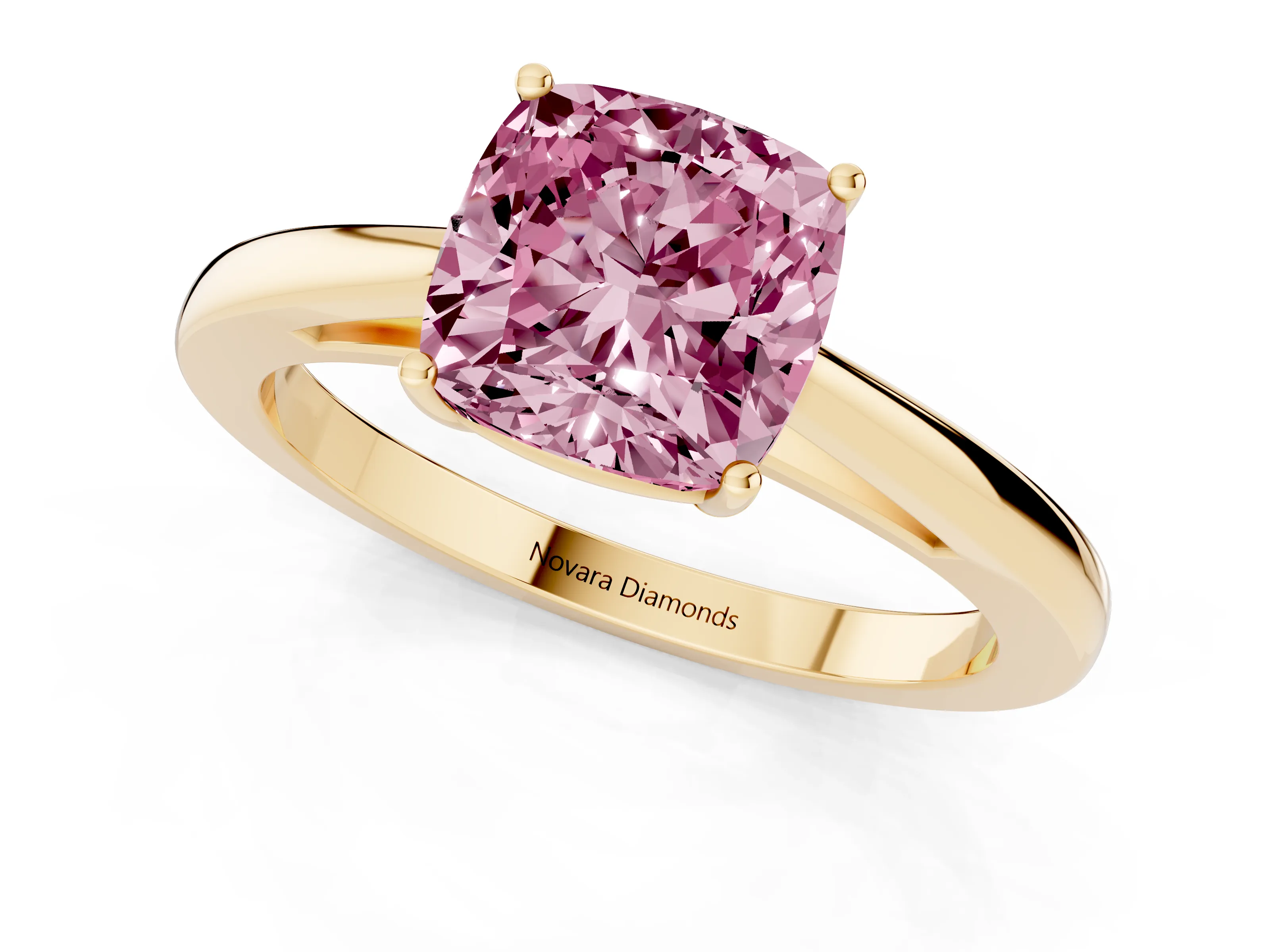 Fancy Pink Cushion Cut Diamond Solitaire Ring Set in Yellow gold with Split Shank and Prong Setting