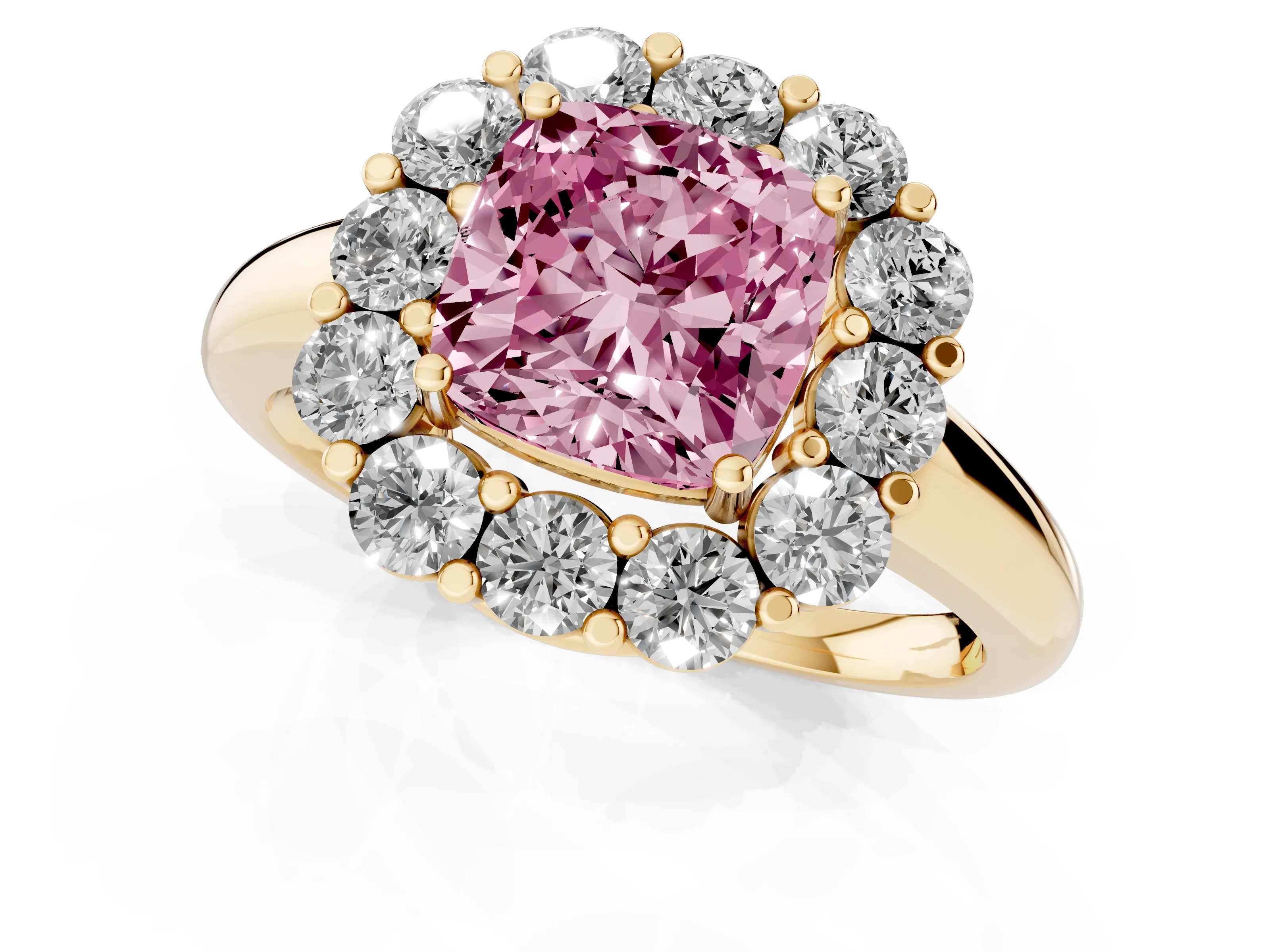 Fancy Pink Cushion Cut Diamond Halo Cluster Engagement Ring Set in Yellow gold with Polished Band and Prong Setting