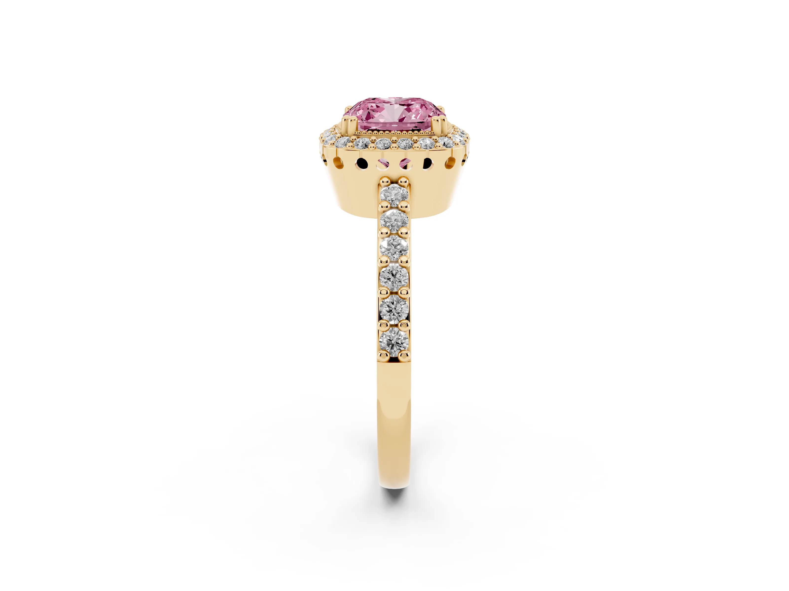Fancy Pink Cushion Cut Diamond Halo Engagement Ring Set in Yellow gold with Milgrain Detail and Pavé Band