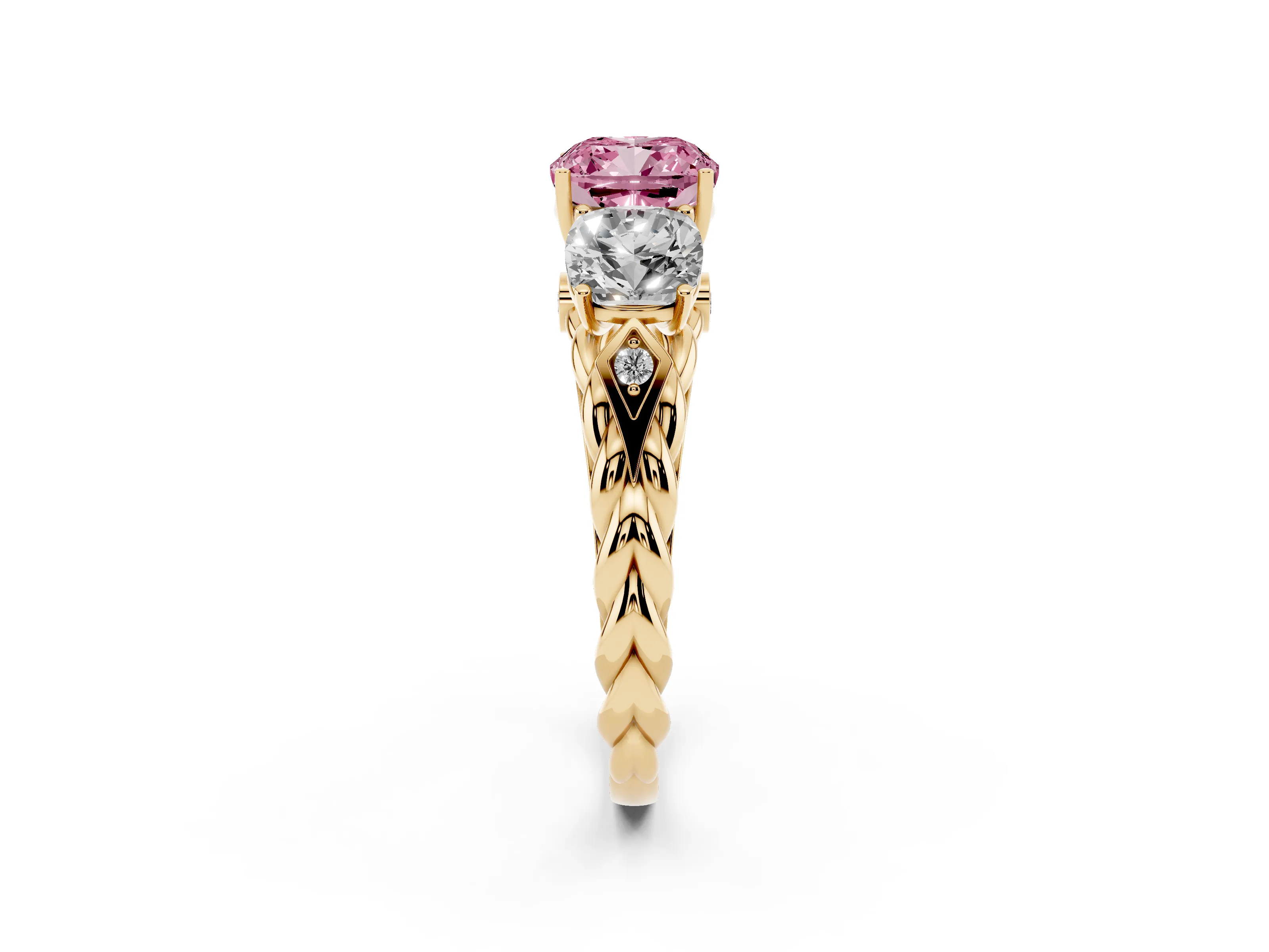 Fancy Pink Cushion Cut Diamond Three-Stone Ring Set in Yellow gold with Braided Band