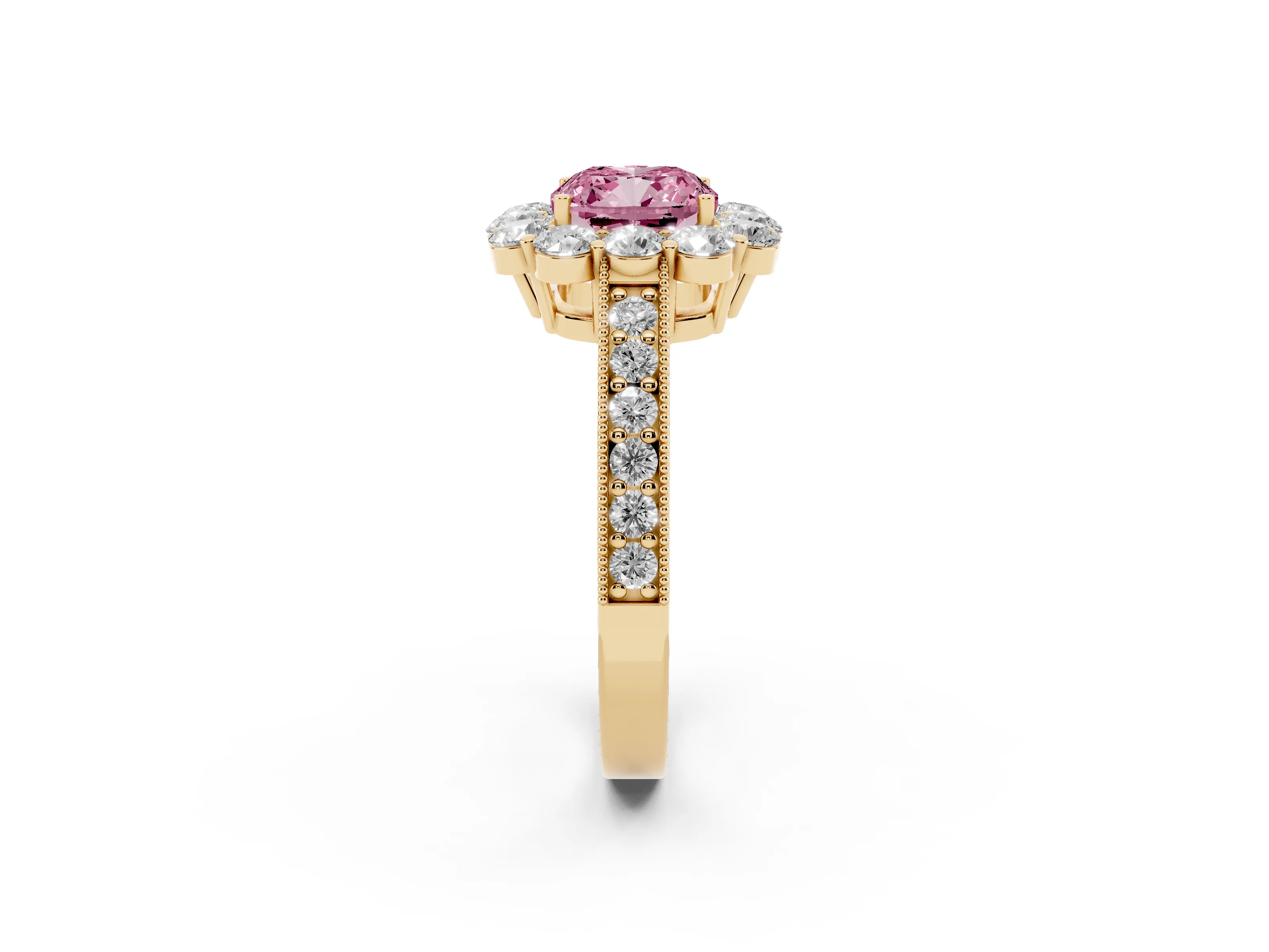 Fancy Pink Cushion Cut Diamond Halo Pavé Engagement Ring Set in Yellow gold with Milgrain Detailing
