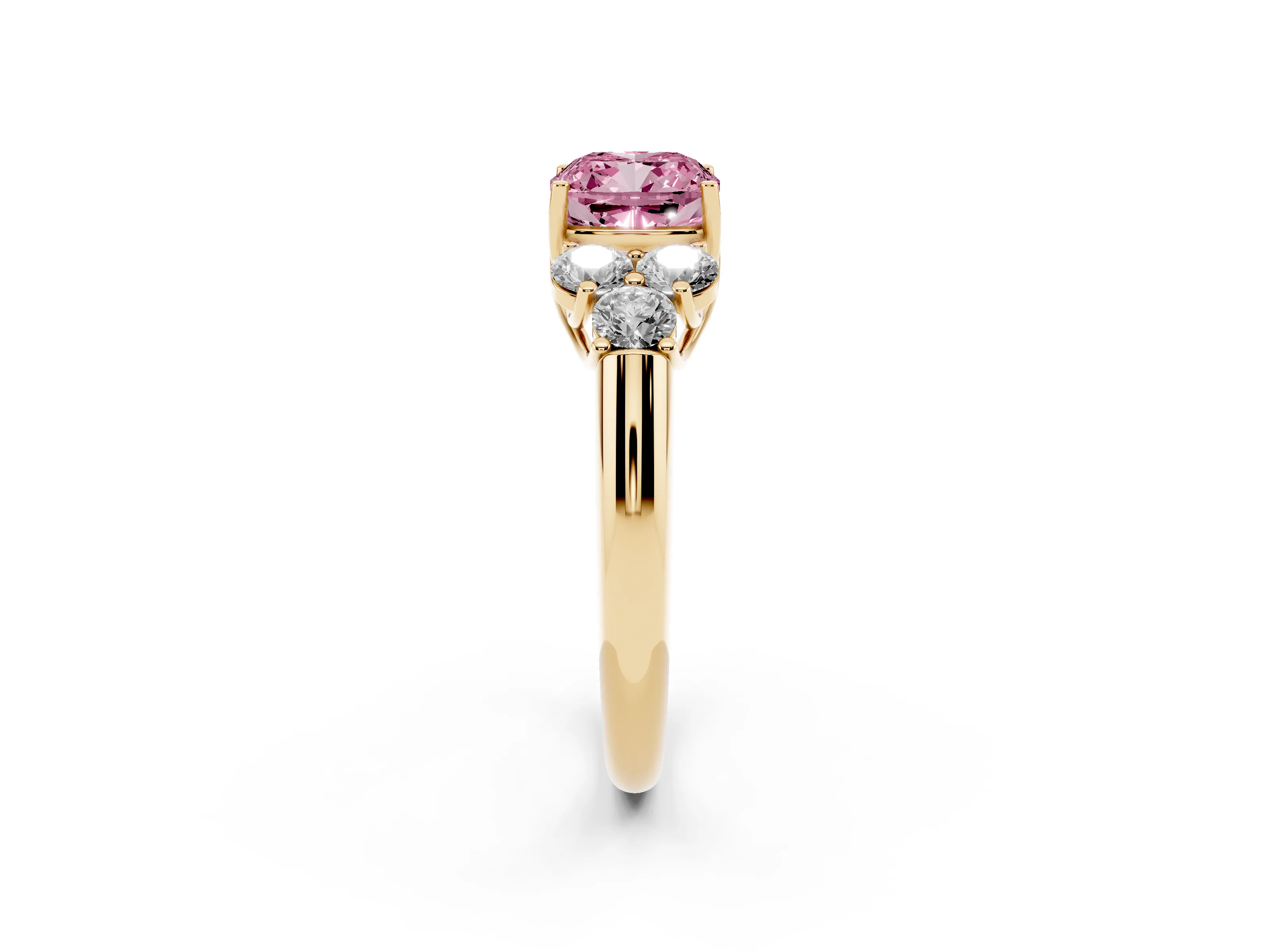 Fancy Pink Cushion Cut Diamond Cluster Ring Set in Yellow gold with Round Accent Stones and Prong Setting on a Plain Band