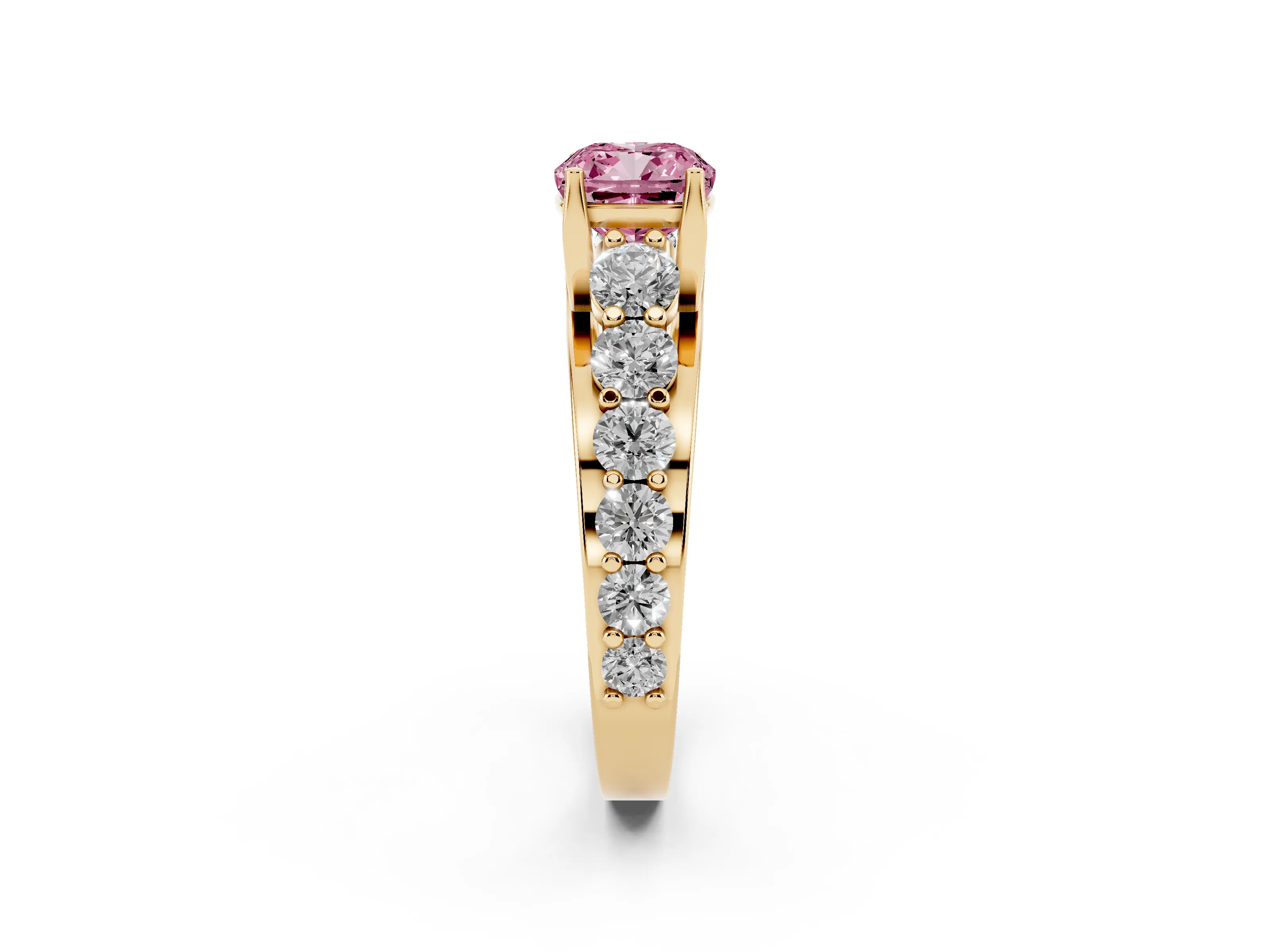 Fancy Pink Cushion Cut Diamond Pavé Engagement Ring Set in Yellow gold with Prong Setting