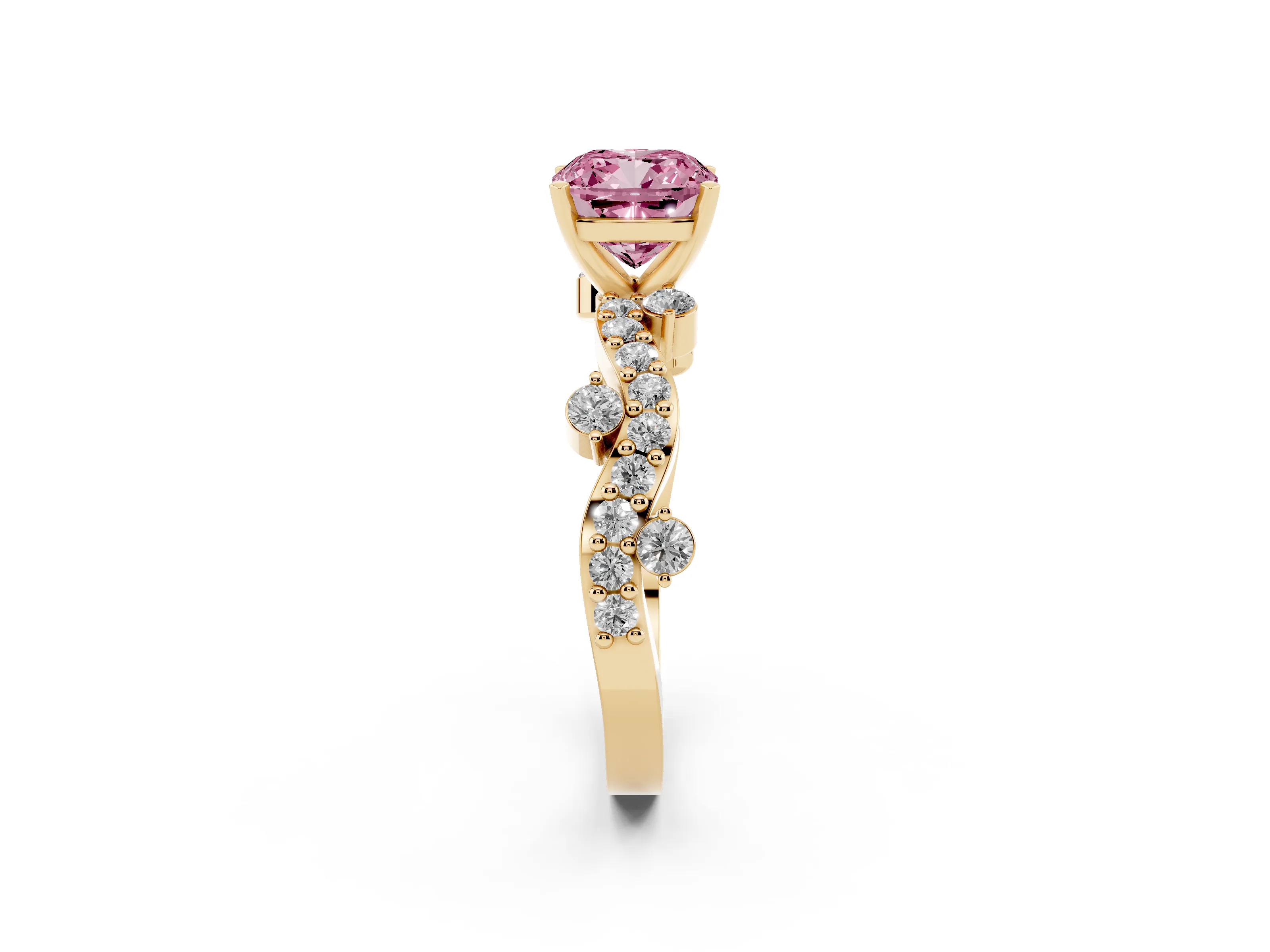 Fancy Pink Cushion Cut Diamond Solitaire Twisted Band Set in Yellow gold with Pavé Setting