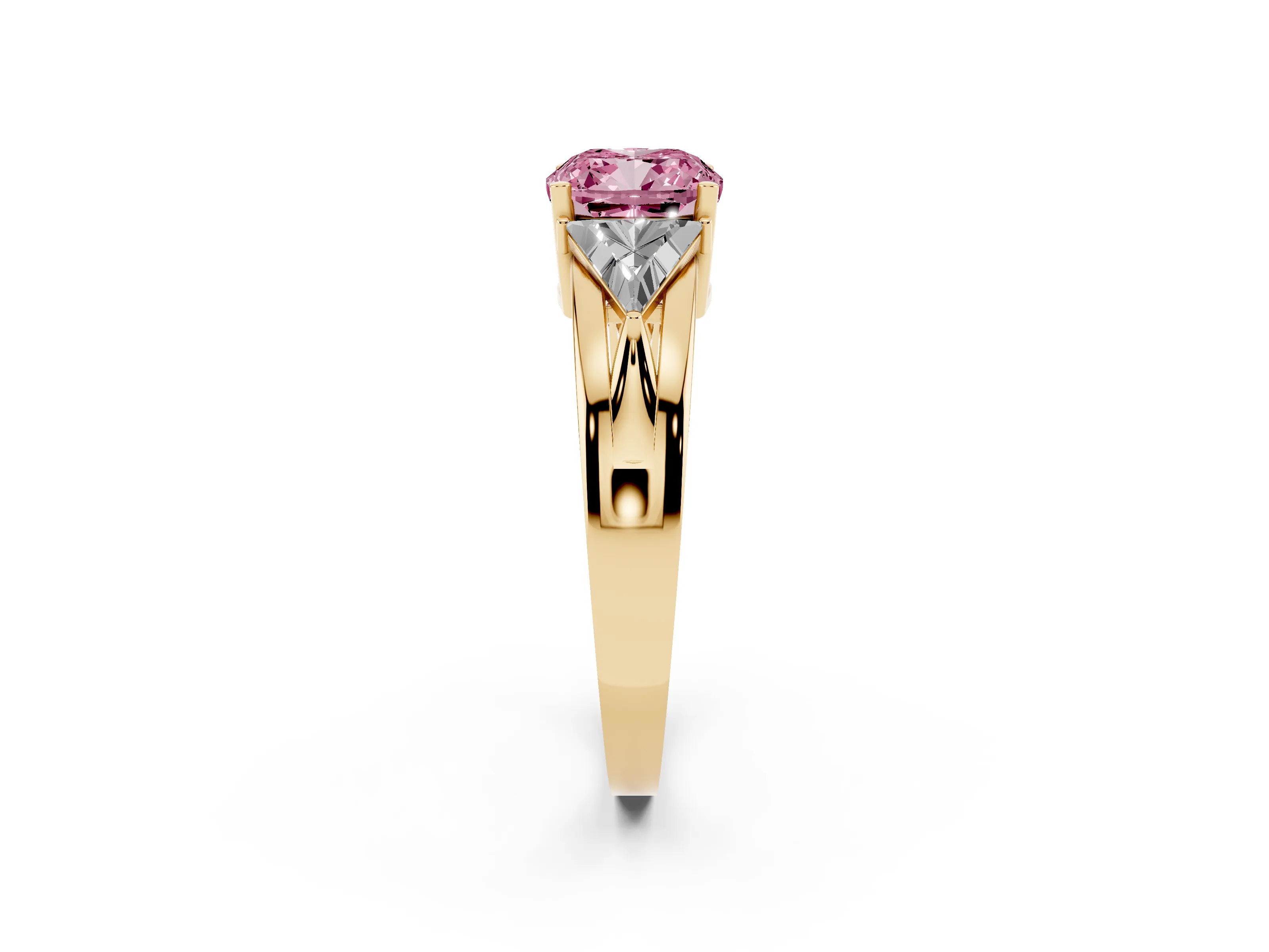 Fancy Pink Cushion Cut Diamond Three-Stone Ring Set in Yellow gold with Trillion Side Stones and Split Shank