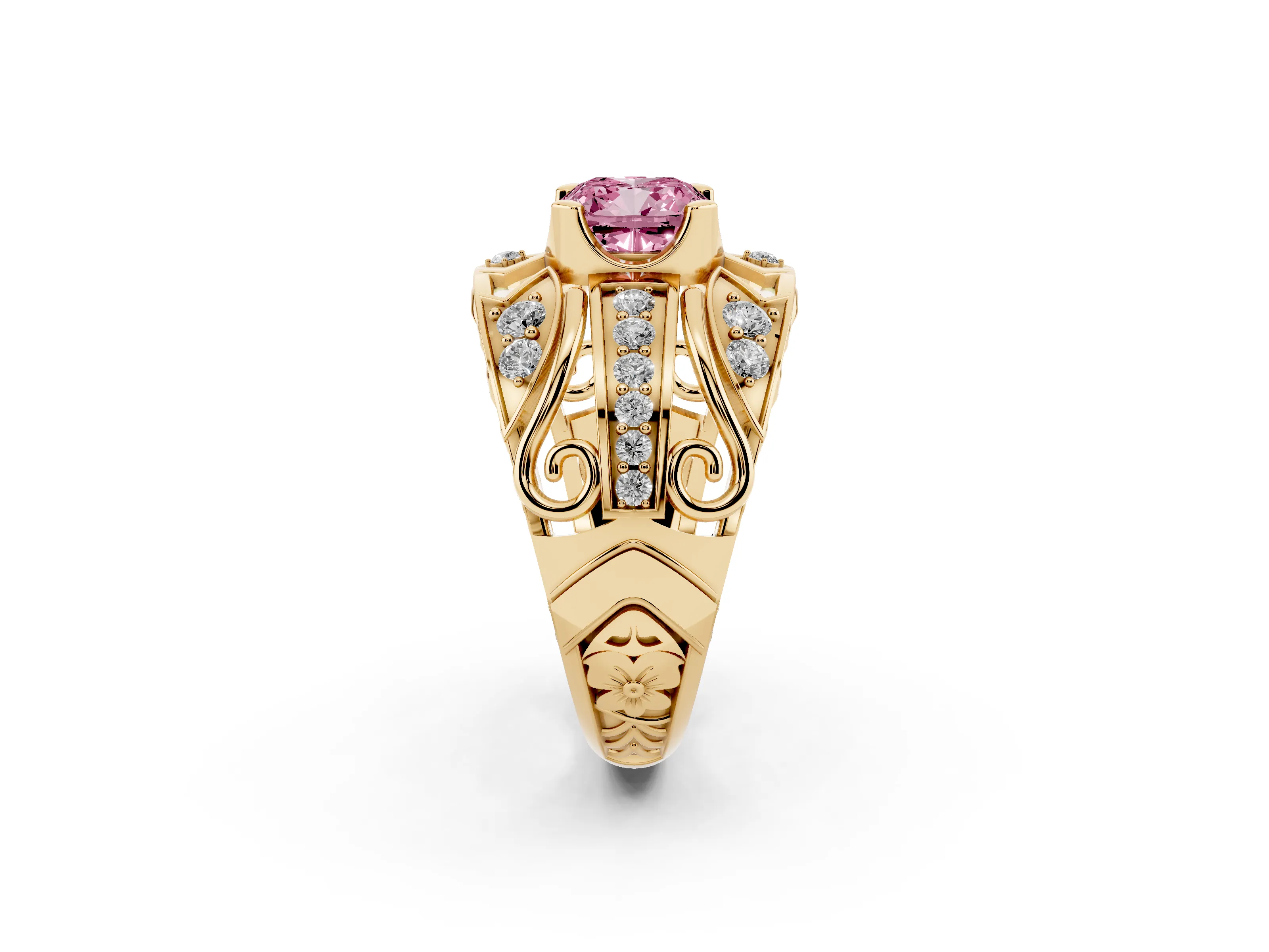 Fancy Pink Cushion Cut Diamond Art Deco Ring Set in Yellow gold with Pavé Split Shank