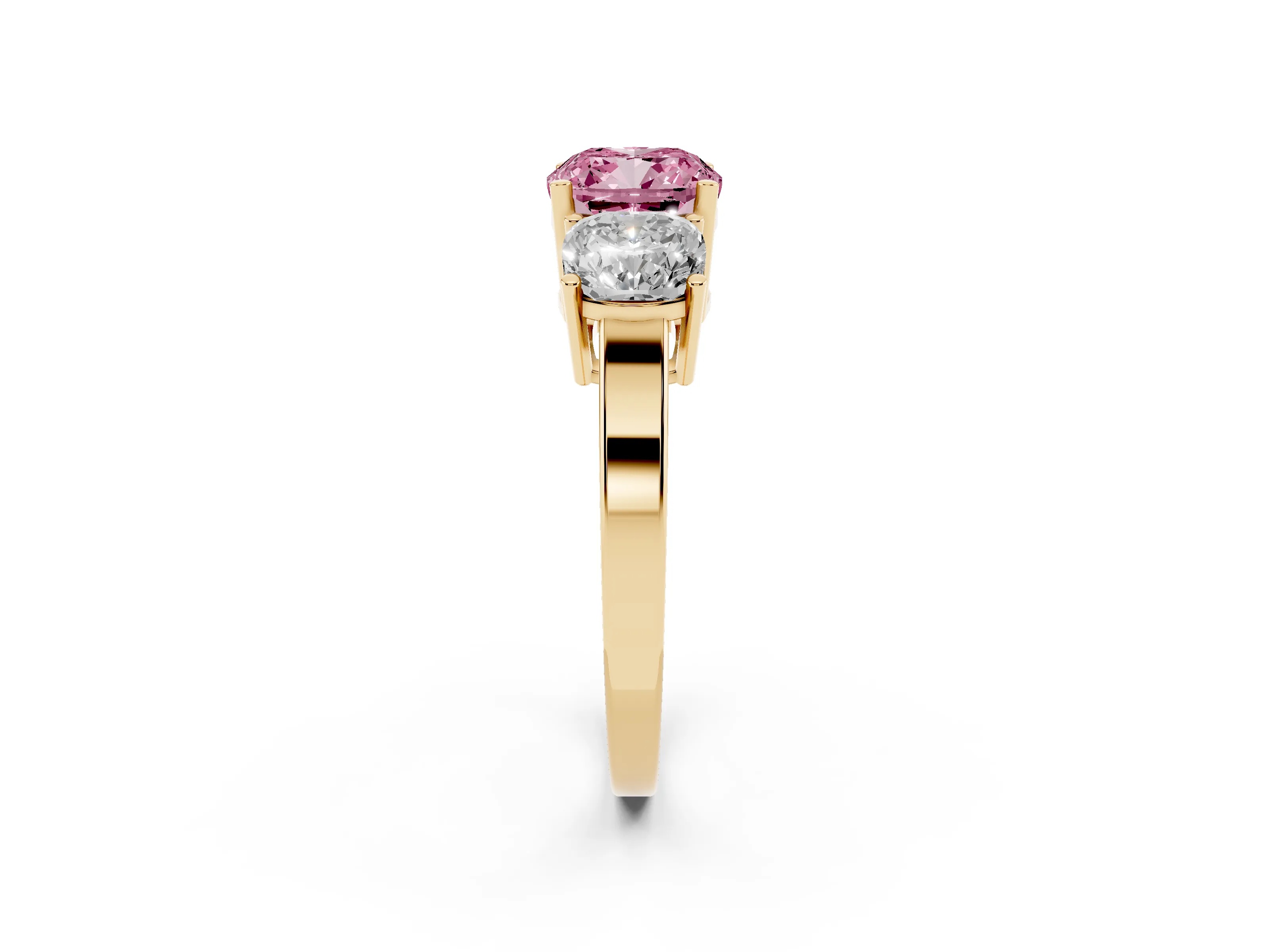 Fancy Pink Cushion Cut Diamond Three-Stone Engagement Ring Set in Yellow gold with Flat Band