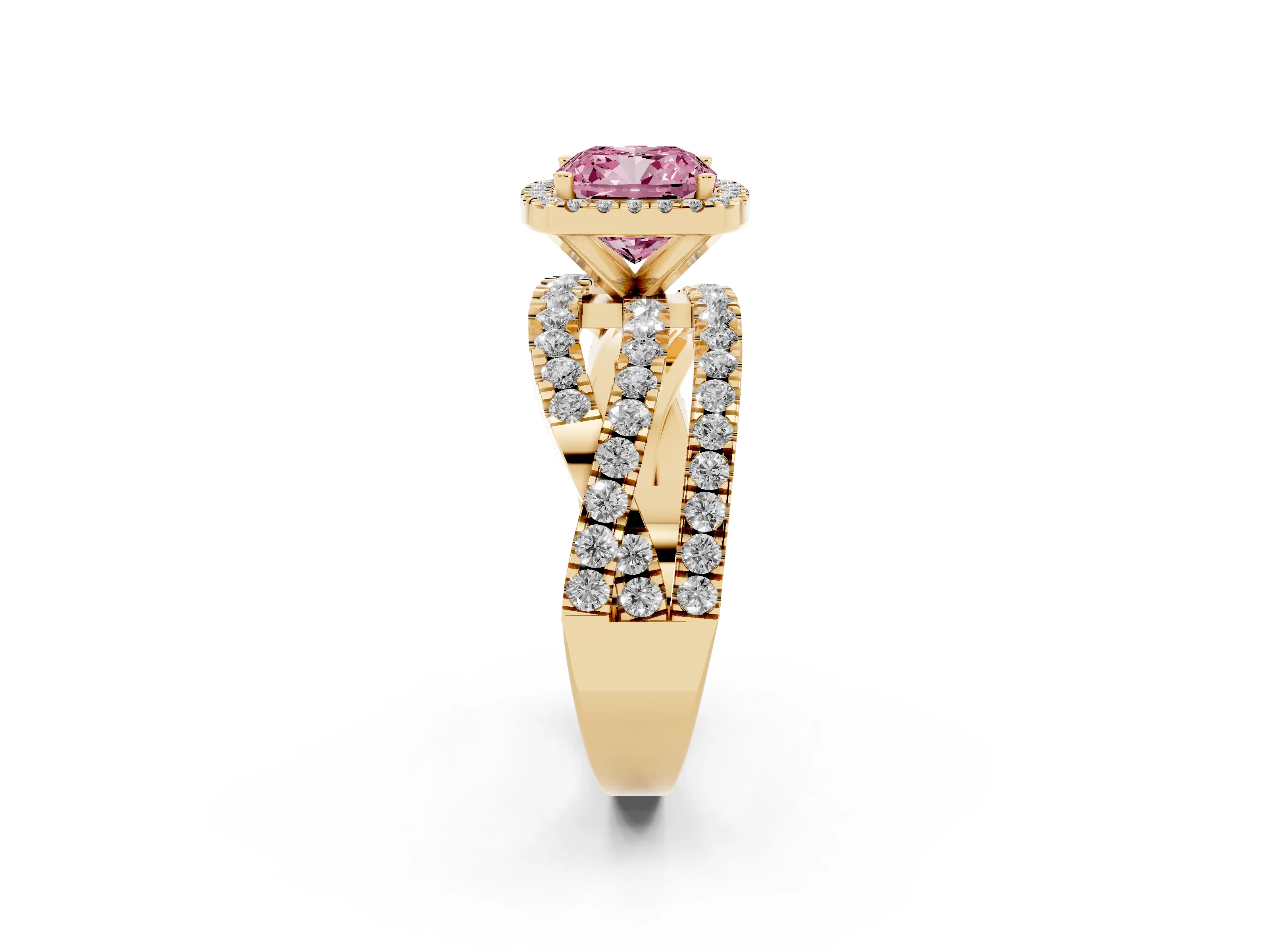 Fancy Pink Cushion Cut Diamond Halo Ring Set in Yellow gold with Round Crossover Split Shank and Prong Setting