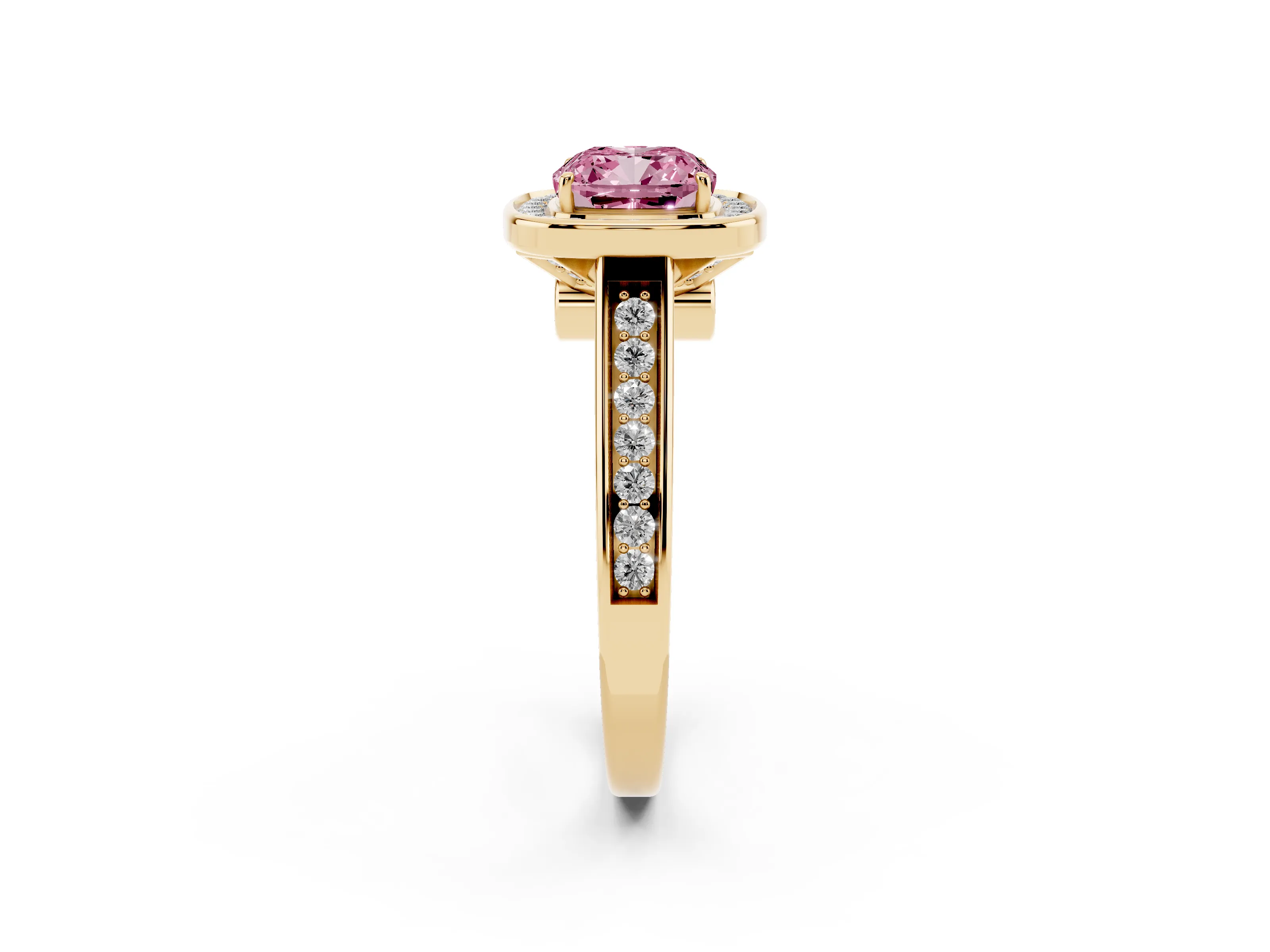 Fancy Pink Cushion Cut Diamond Halo Solitaire Ring Set in Yellow gold with Pavé Band and Bezel Setting