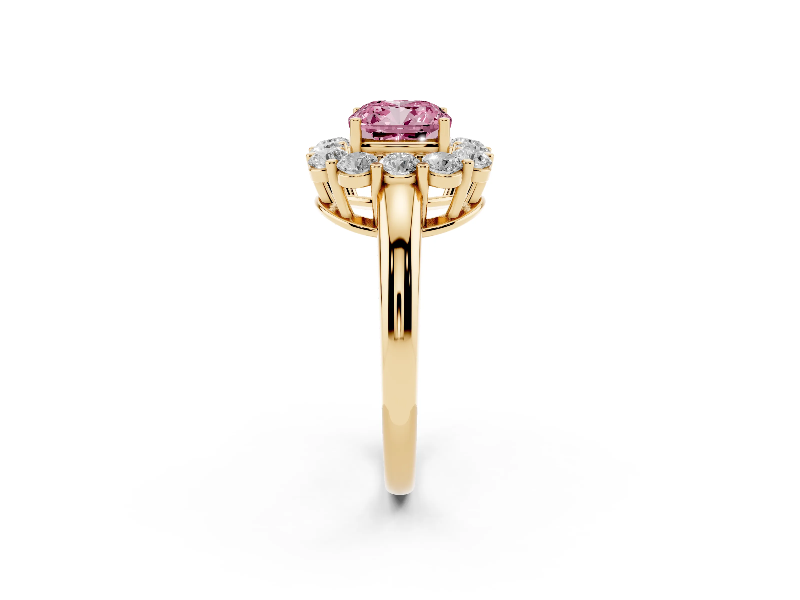 Fancy Pink Cushion Cut Diamond Halo Cluster Engagement Ring Set in Yellow gold with Polished Band and Prong Setting