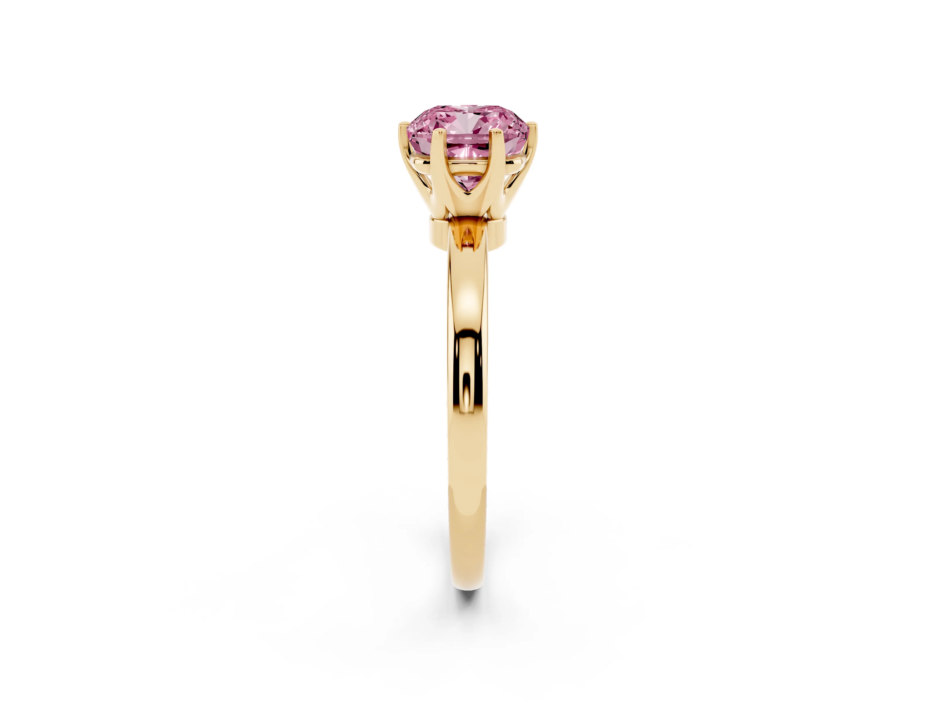 Fancy Pink Cushion Cut Diamond Solitaire Ring Set in Yellow gold with Raised Prong Setting on a Classic Band