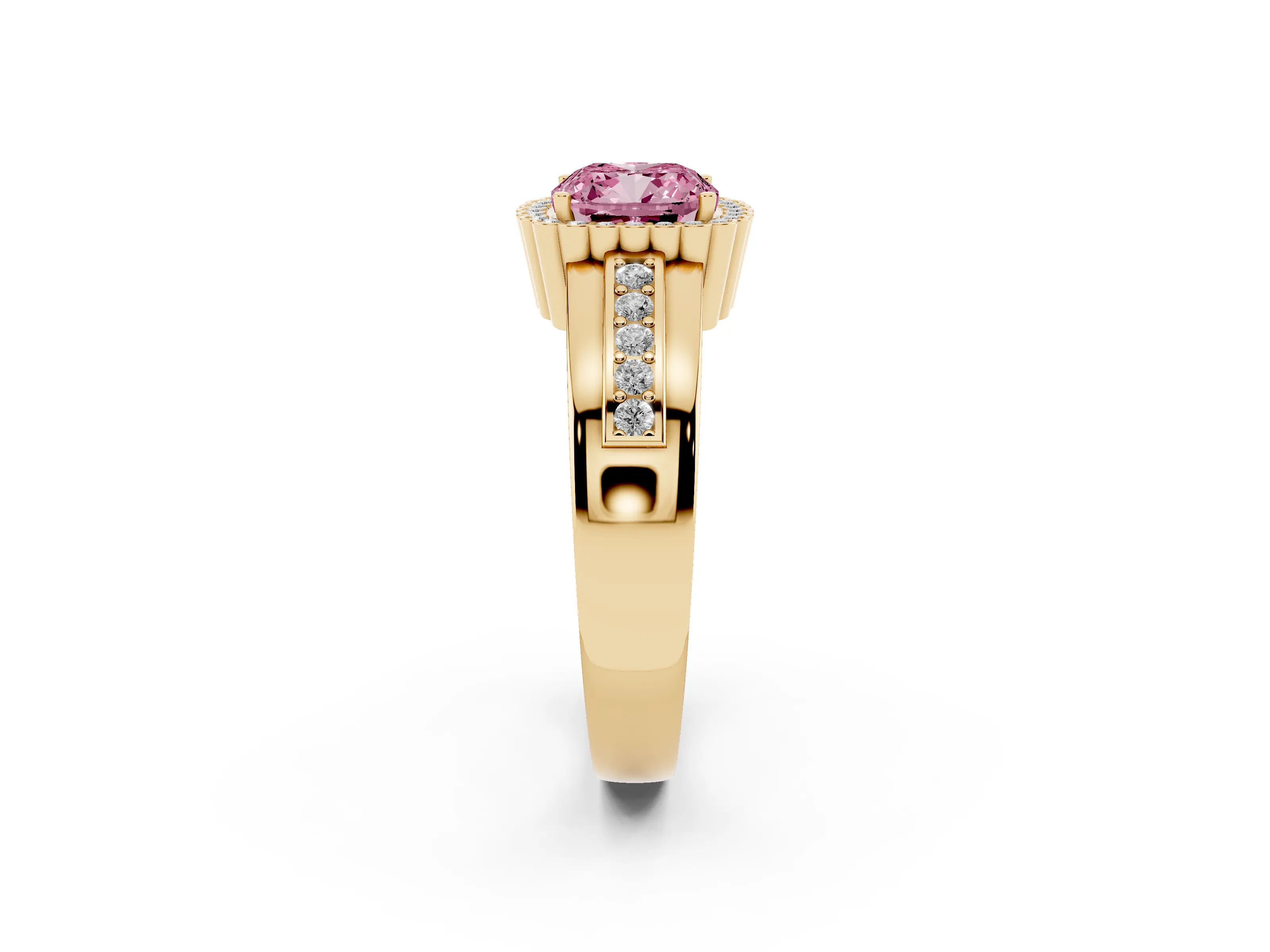 Fancy Pink Cushion Cut Diamond Halo Prong Ring Set in Yellow gold with Pavé Band