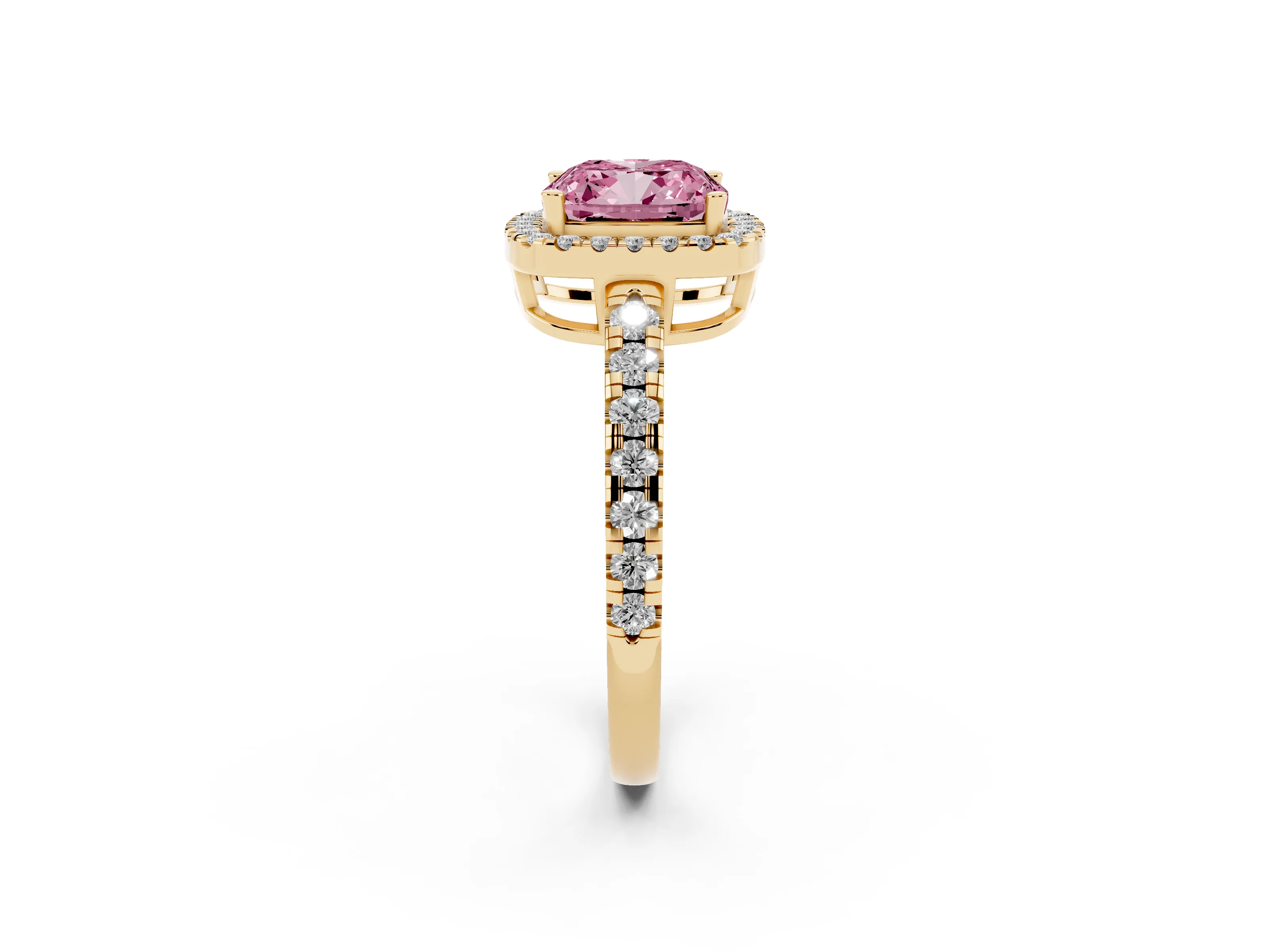 Fancy Pink Cushion Cut Diamond Halo Ring Set in Yellow gold with Delicate Pavé Band and Prong Setting