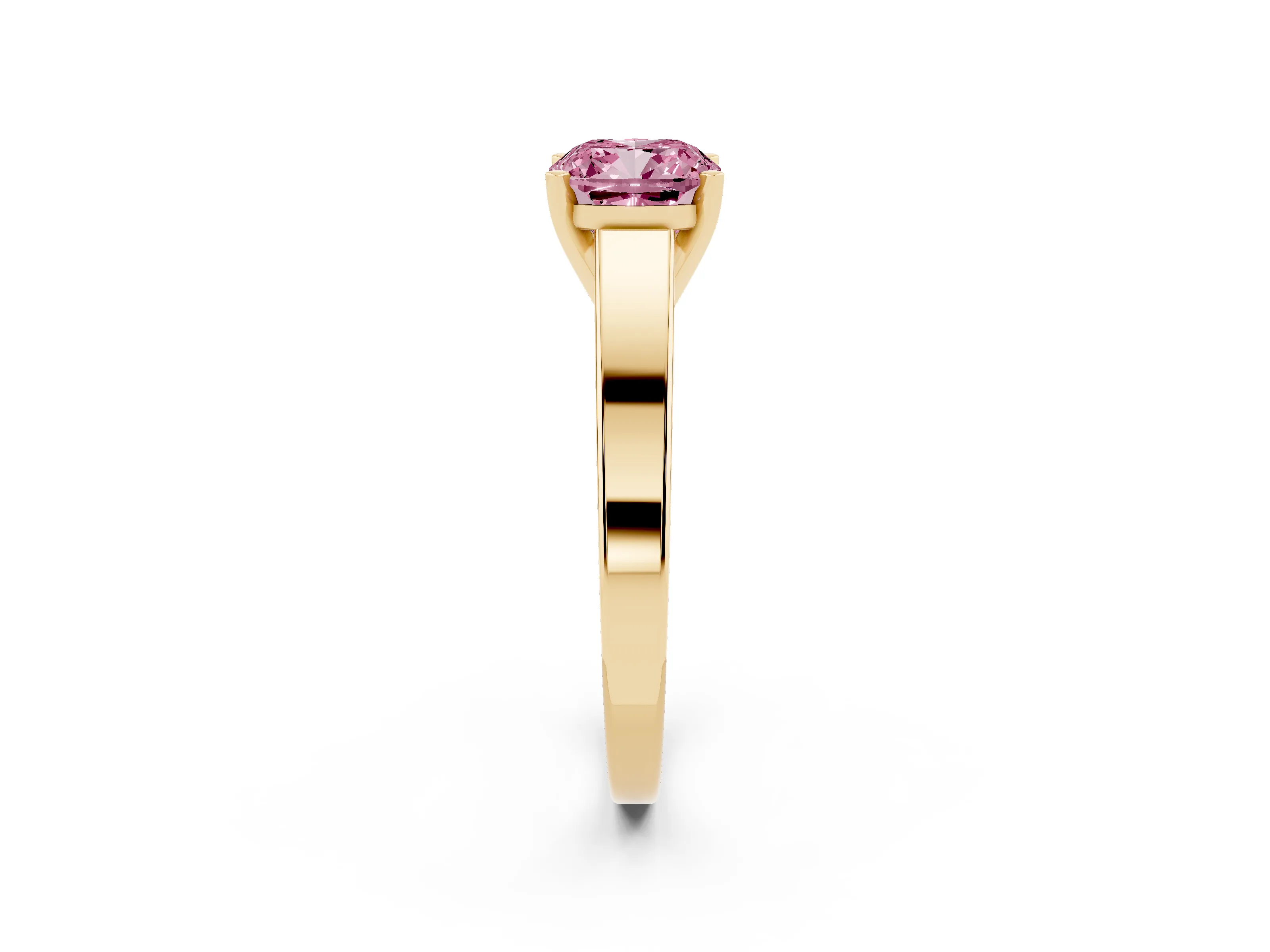 Fancy Pink Cushion Cut Diamond Solitaire Engagement Ring Set in Yellow gold with Prong Setting and Tapered Band