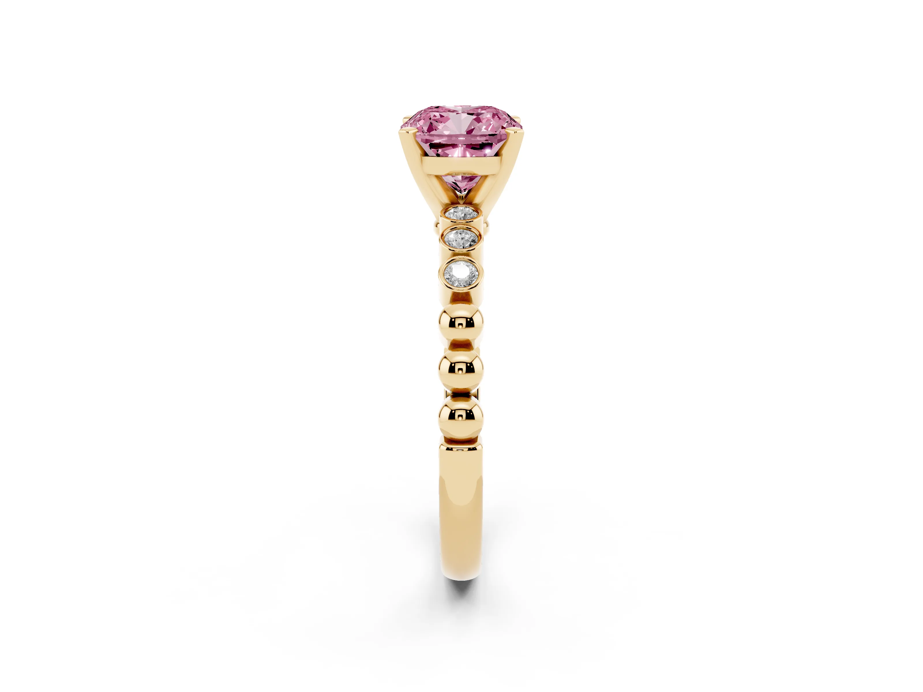 Fancy Pink Cushion Cut Diamond Solitaire Engagement Ring Set in Yellow gold with Bezel Accents on Beaded Band