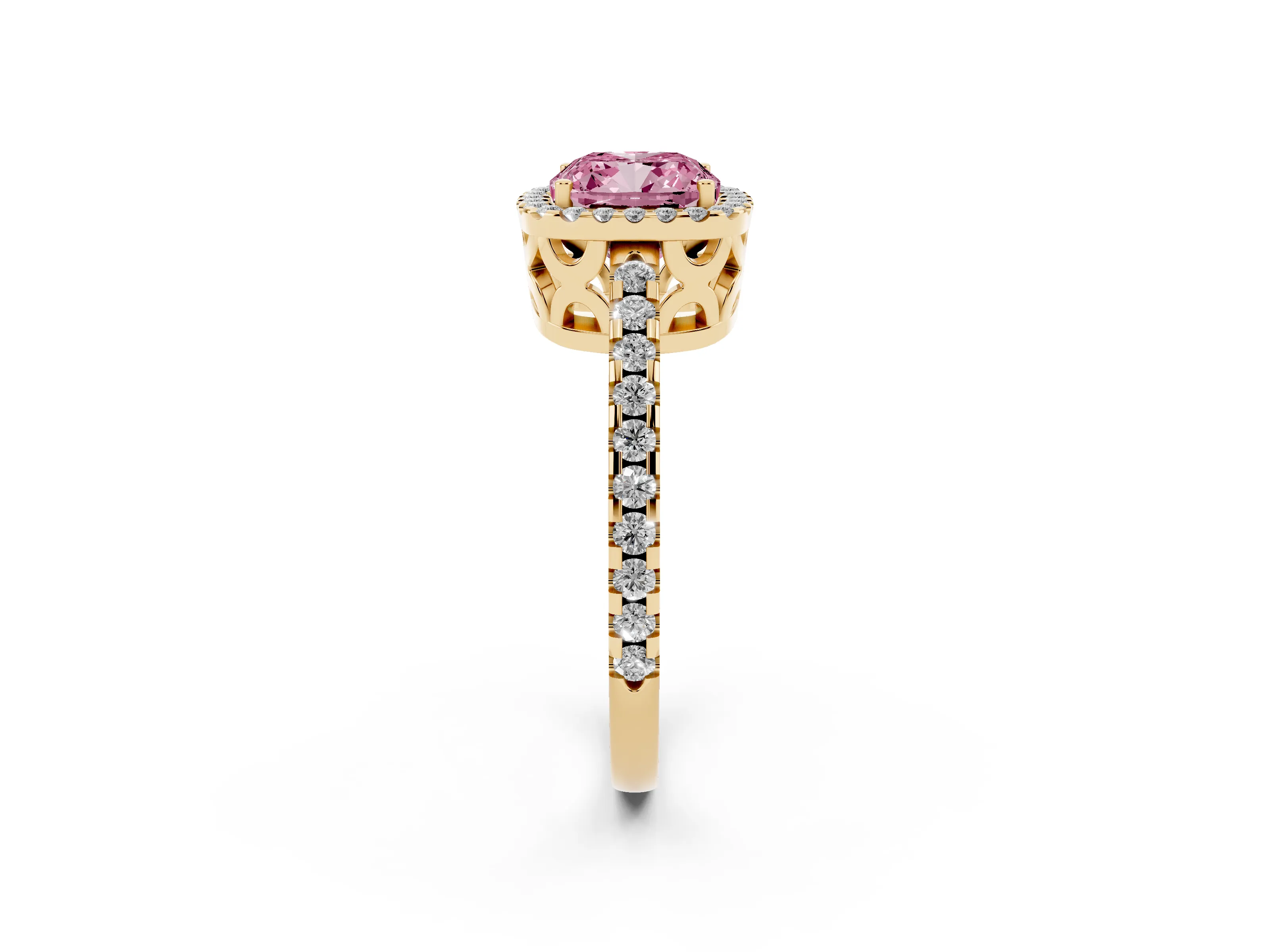 Fancy Pink Cushion Cut Diamond Halo Ring Set in Yellow gold with Pavé Shoulders and Halo-Framed Center