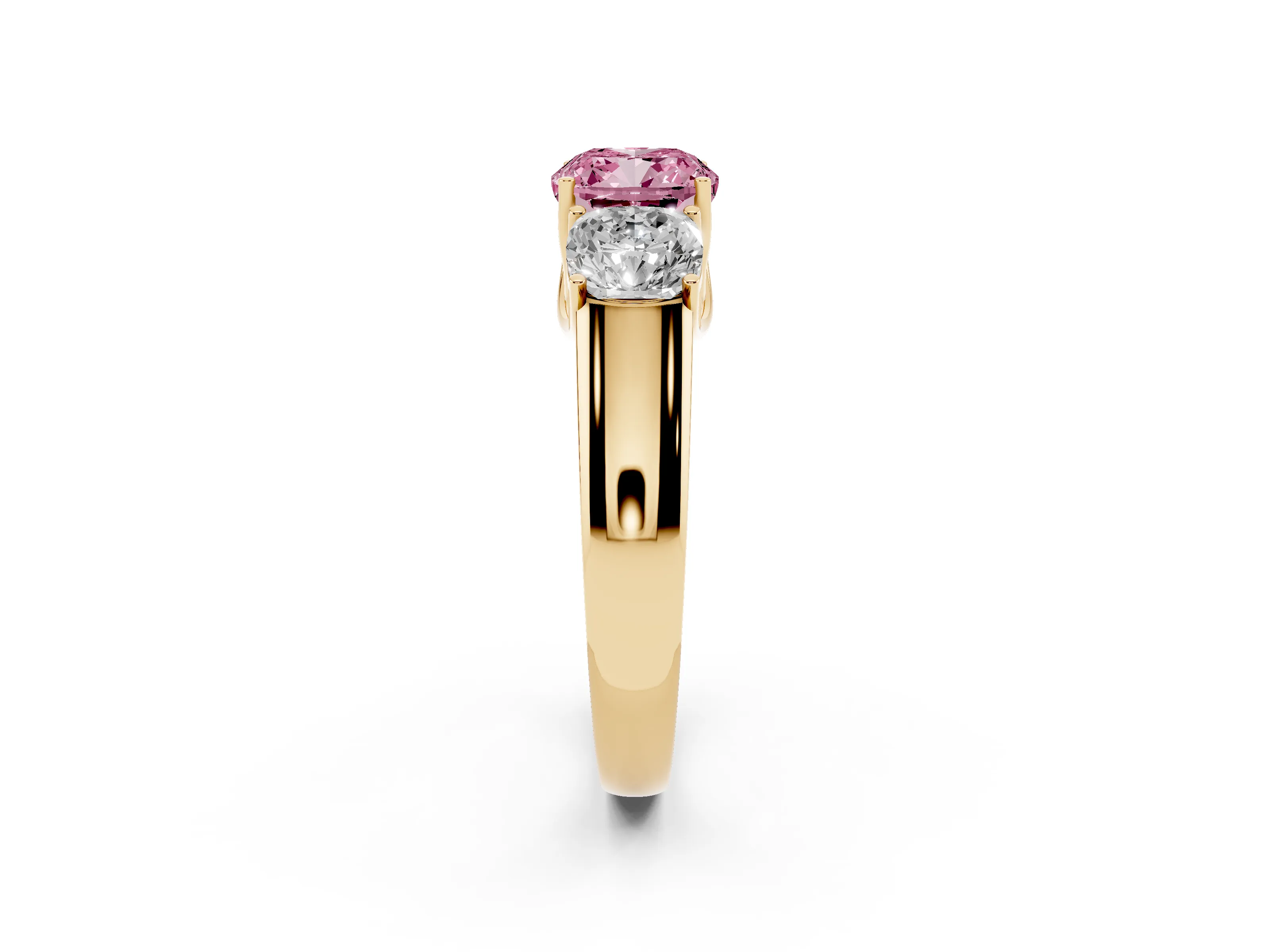 Fancy Pink Three-Stone Cushion Cut Diamond Ring Set in Yellow gold with Matching Prong Settings and Plain Band