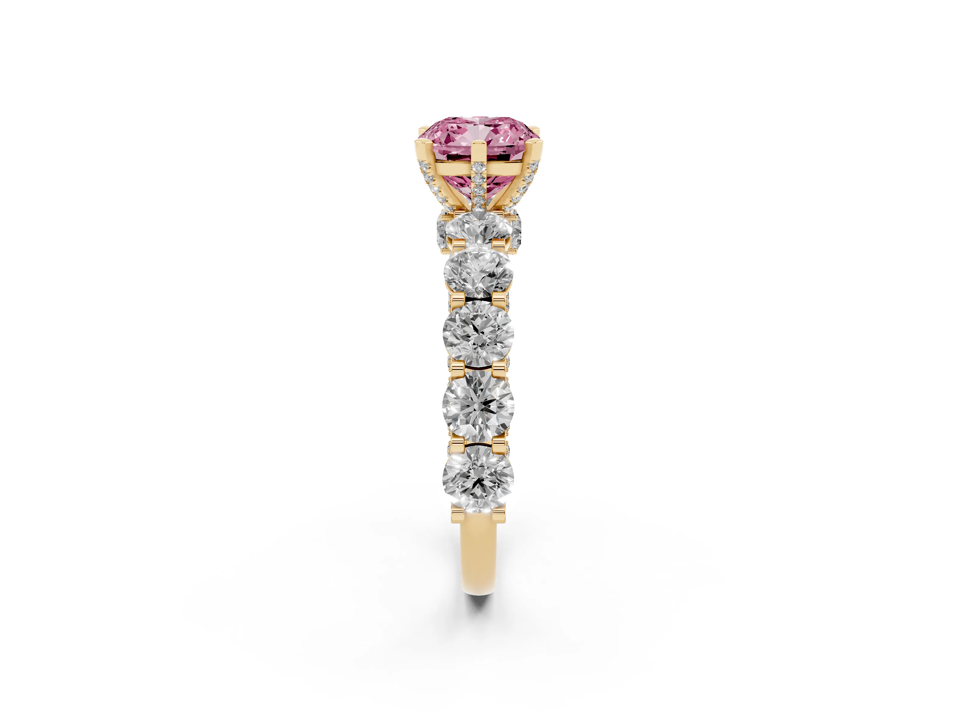 Fancy Pink Cushion Cut Diamond Side Stone Ring Set in Yellow gold with Alternating Round and Oval Side Stones