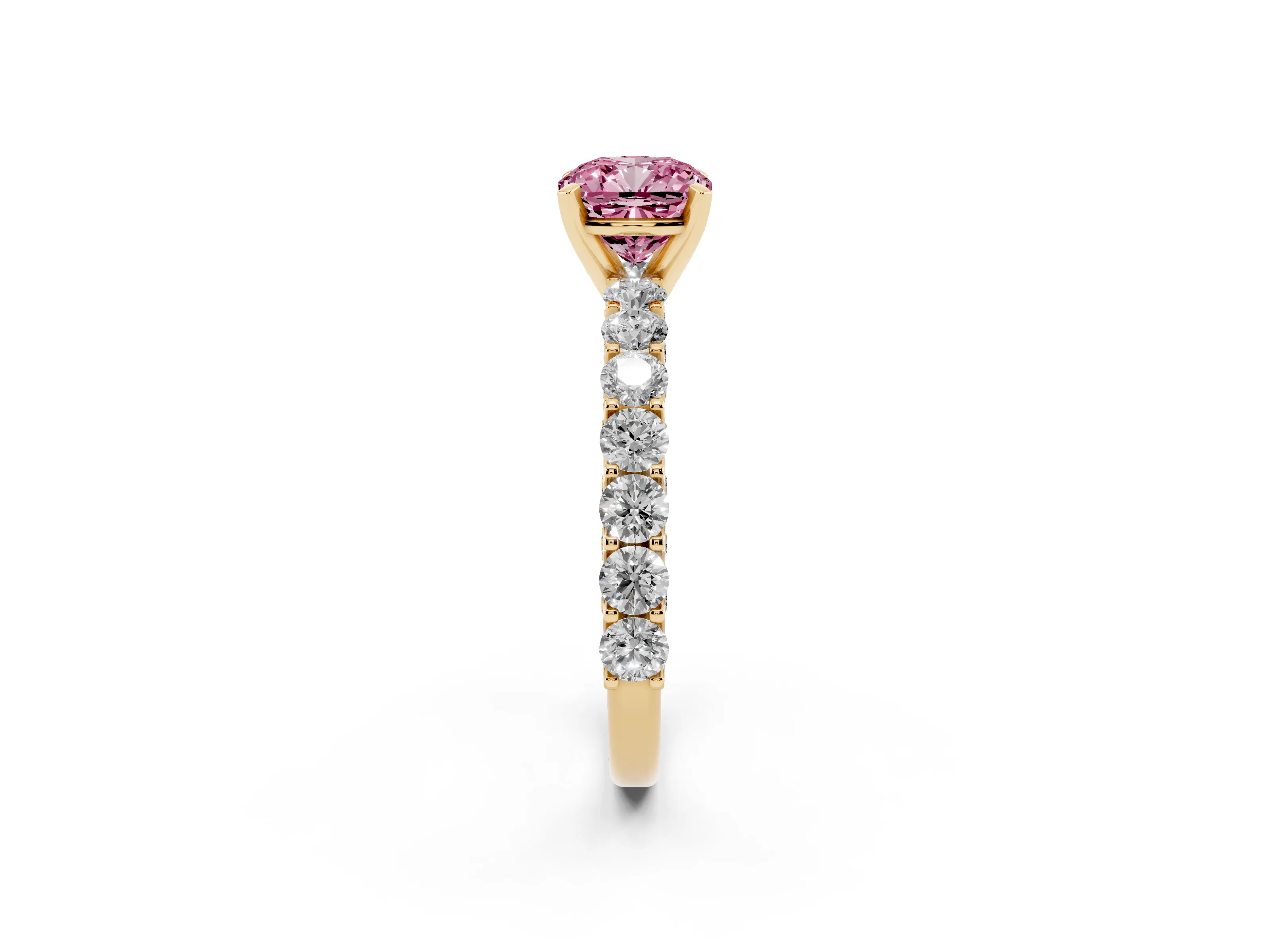 Fancy Pink Cushion Cut Diamond Solitaire Ring Set in Yellow gold with Shared Prong Pavé Band