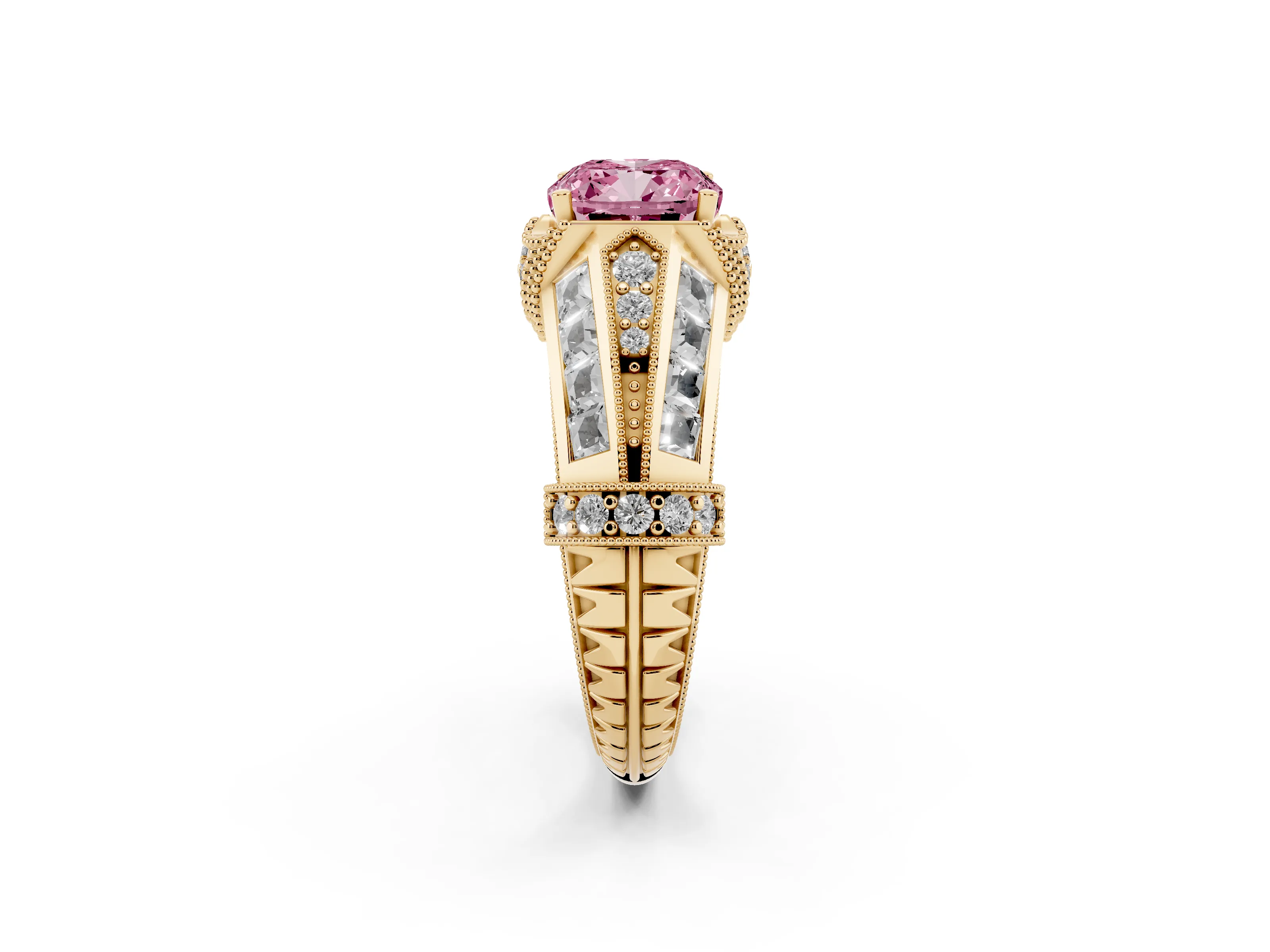 Fancy Pink Cushion Cut Diamond Vintage-Inspired Milgrain Ring Set in Yellow gold with Accent Split Shank