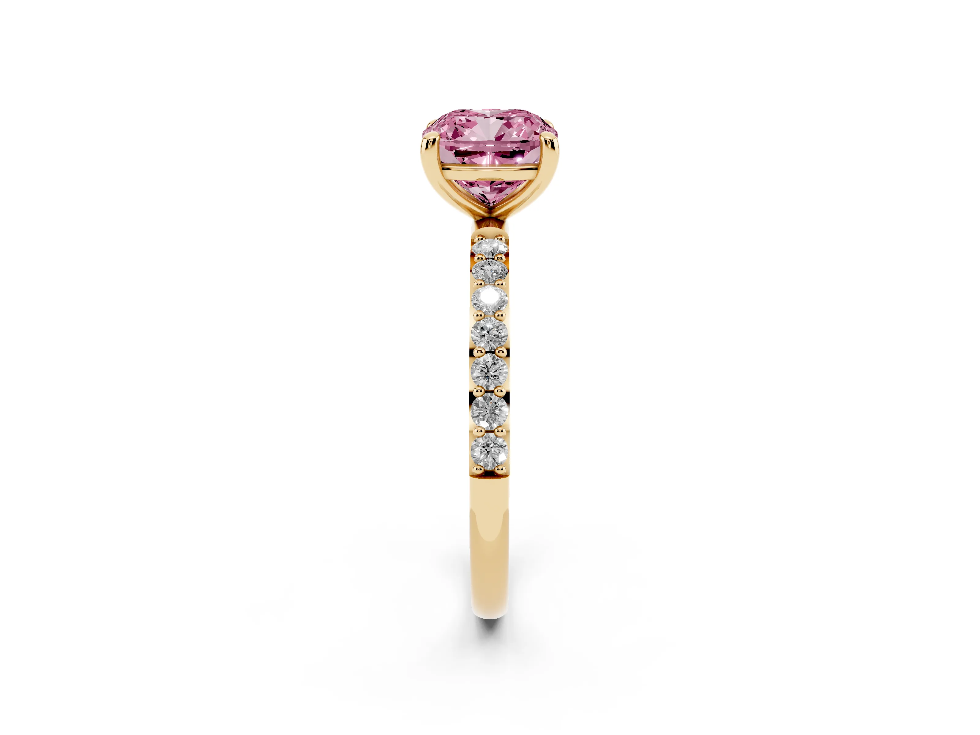 Fancy Pink Cushion Cut Diamond Solitaire Ring Set in Yellow gold with Round Pavé Band and Prong Setting