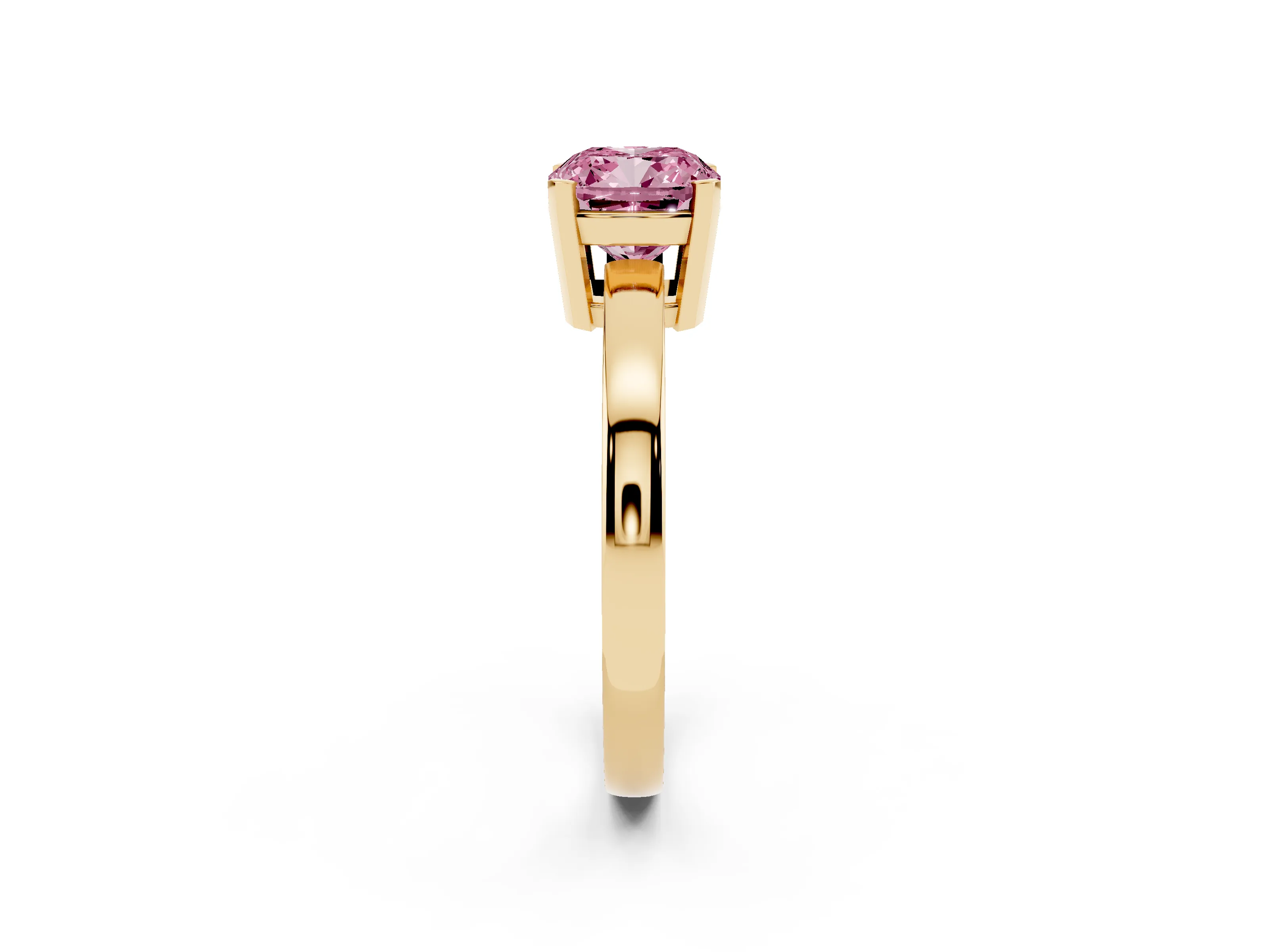 Fancy Pink Cushion Cut Diamond Solitaire Ring Set in Yellow gold with Prong Head and Smooth Polished Band