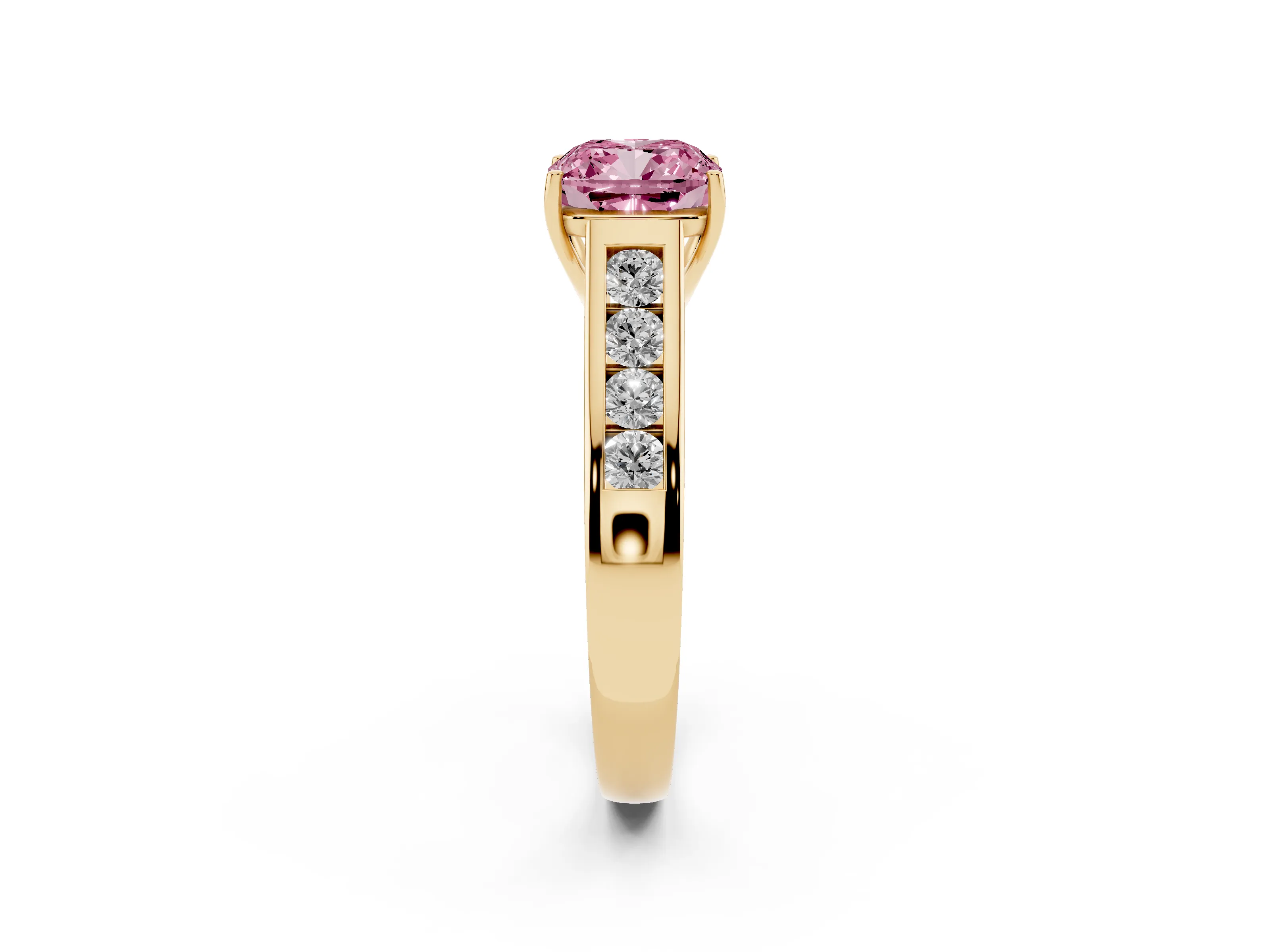 Fancy Pink Cushion Cut Diamond Brilliant Channel-Set Solitaire Ring Set in Yellow gold with Prong Setting