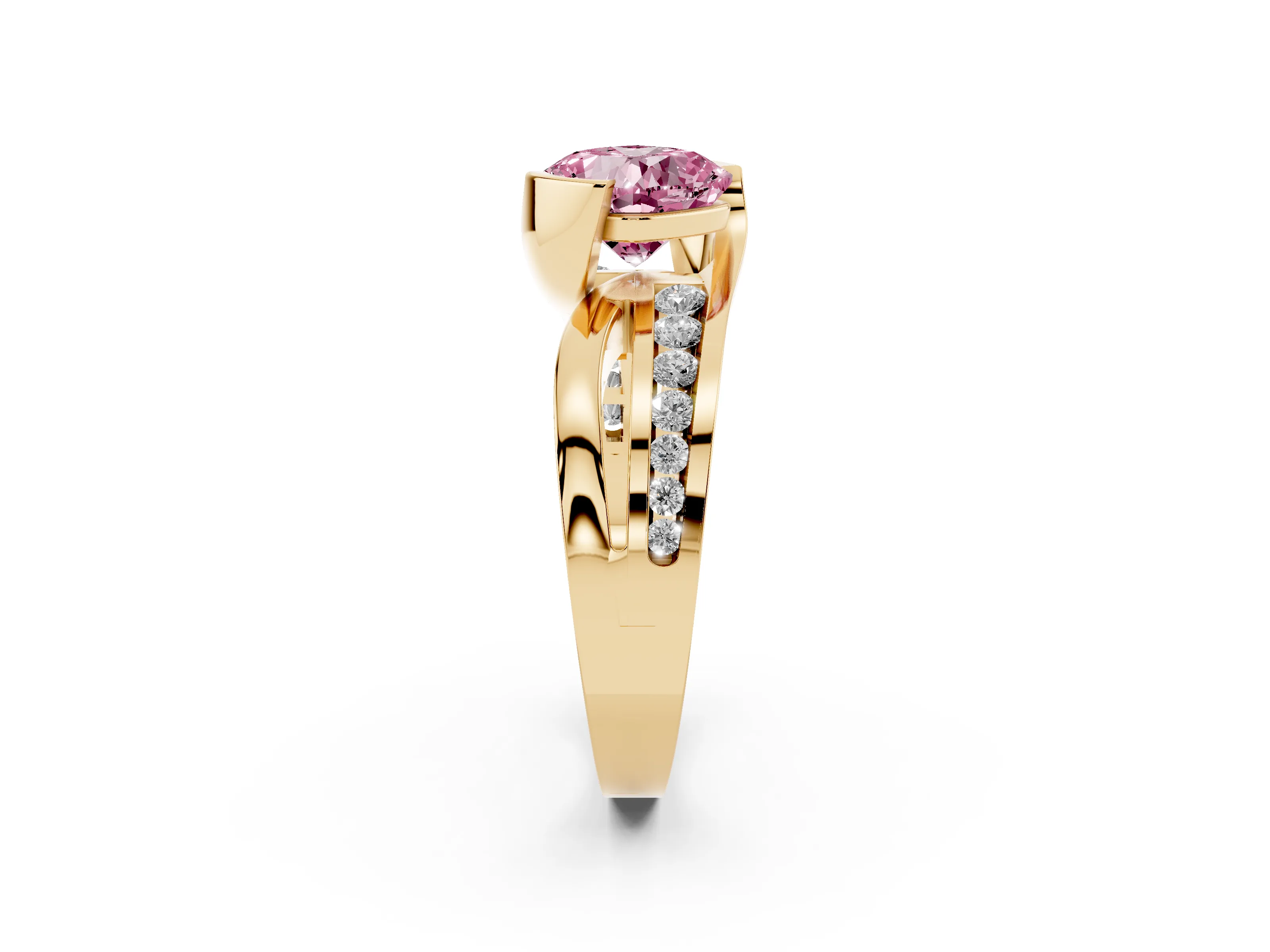 Fancy Pink Cushion Cut Diamond Solitaire Ring Set in Yellow gold with Channel Set Split Shank and Tension Prongs