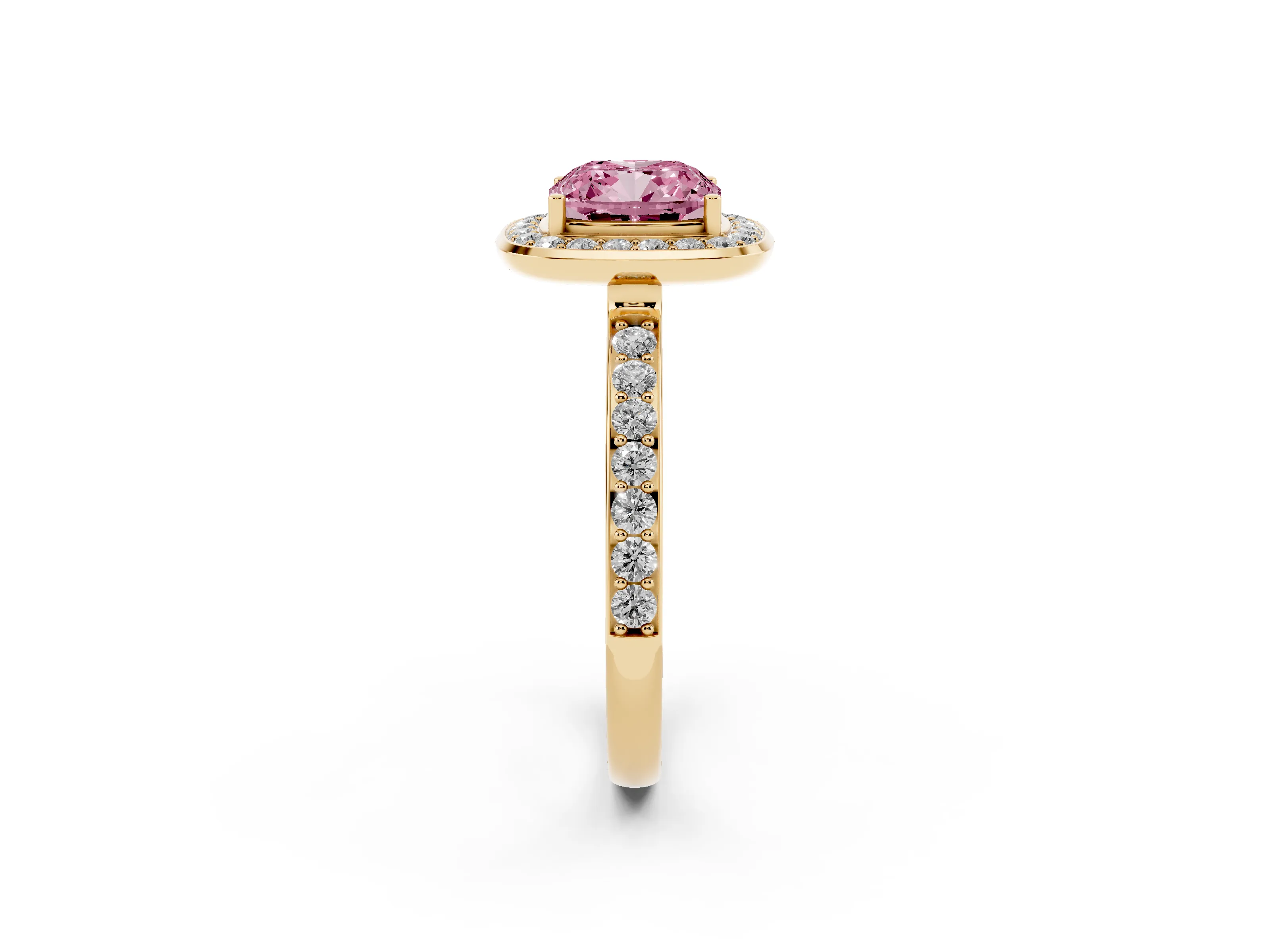 Fancy Pink Cushion Cut Diamond Halo Ring Set in Yellow gold with Bezel Frame and Pavé Band