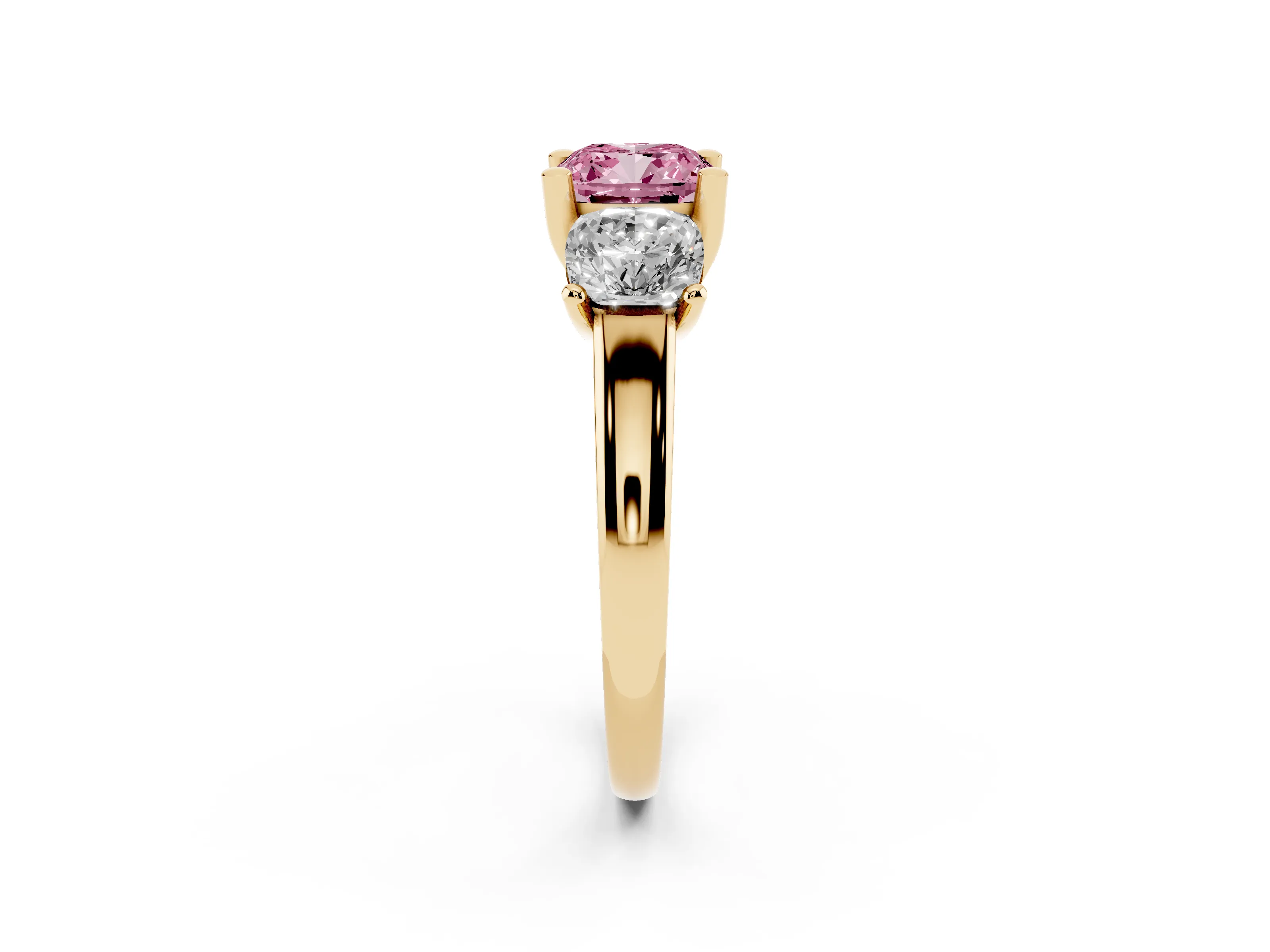 Fancy Pink Cushion Cut Diamond Three-Stone Ring Set in Yellow gold with Classic Prong Setting and Plain Band