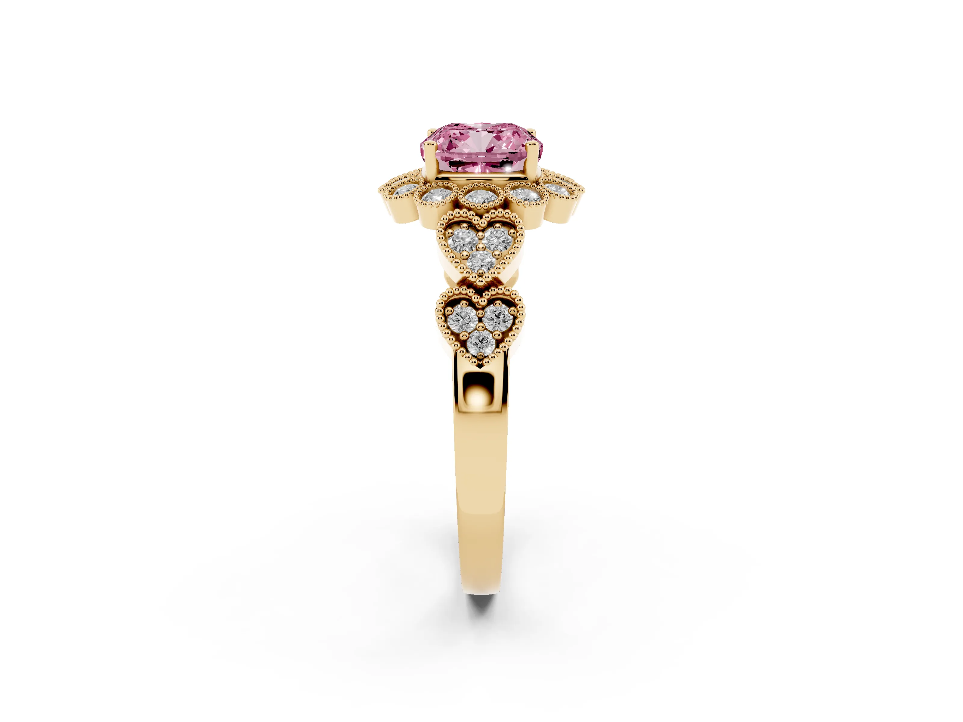 Fancy Pink Cushion Cut Diamond Solitaire Ring Set in Yellow gold with Milgrain Pavé Heart Band