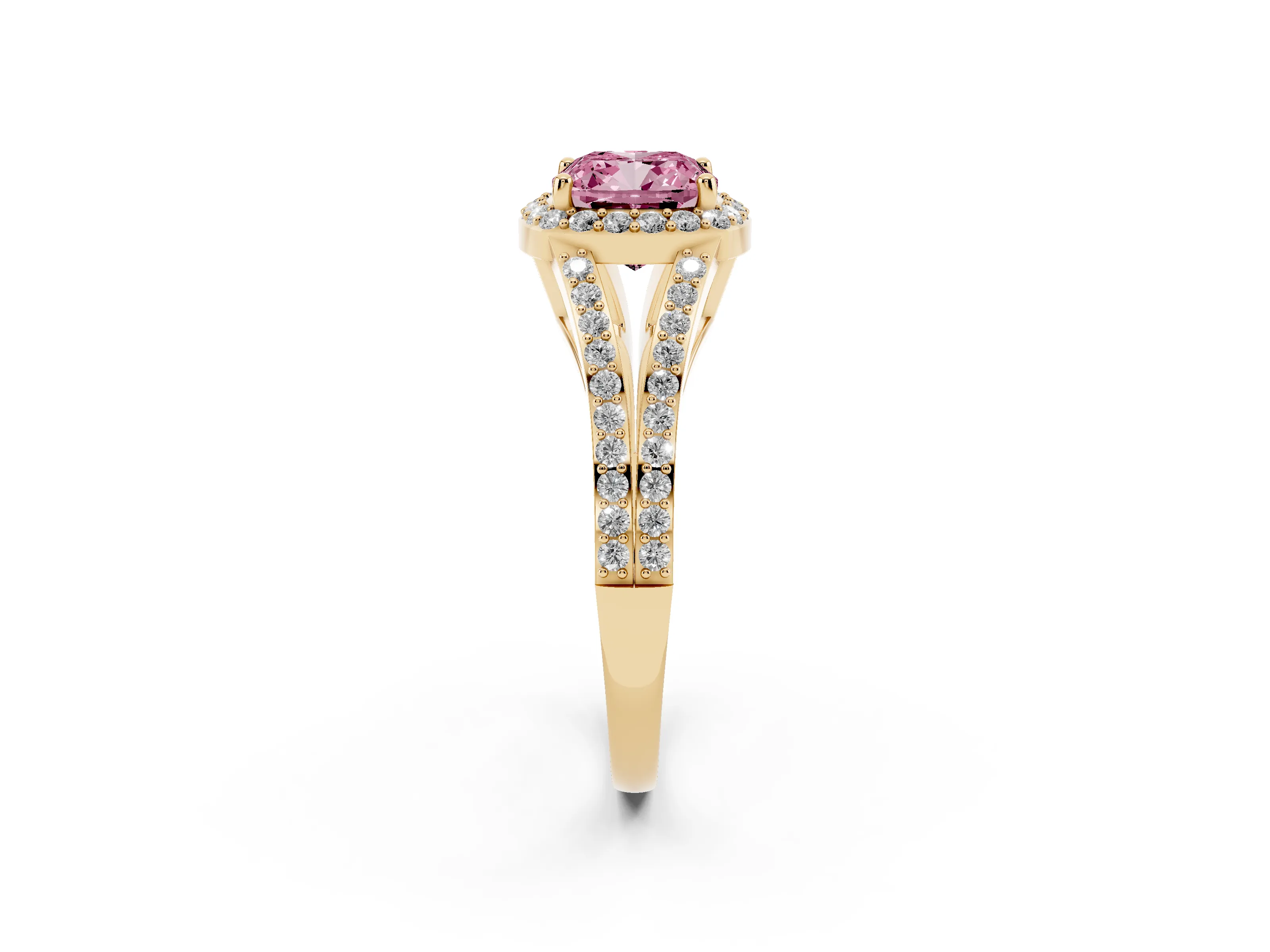 Fancy Pink Cushion Cut Diamond Halo Split Shank Ring Set in Yellow gold with Accent Stones and Prong Setting