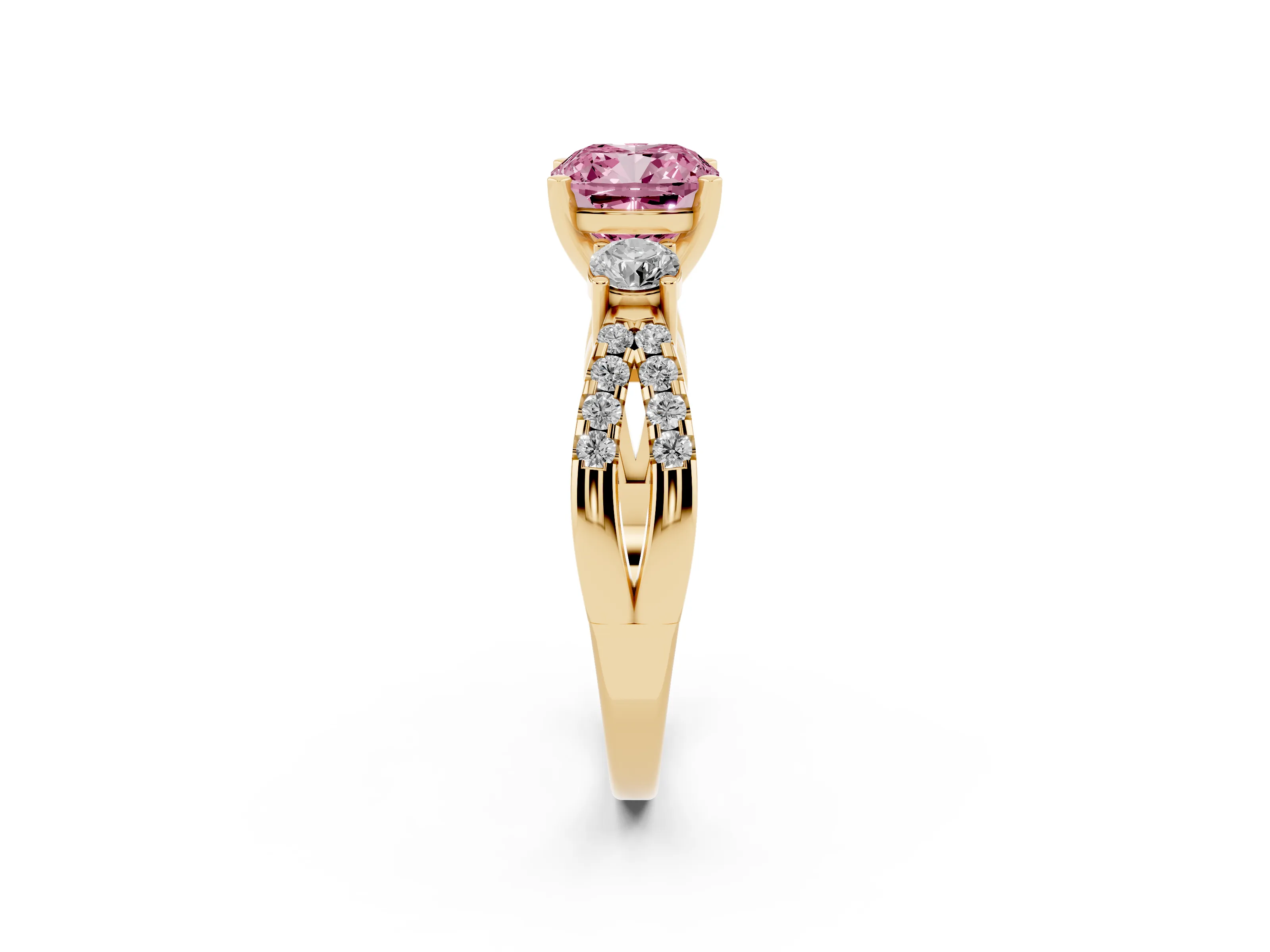 Fancy Pink Cushion Cut Diamond Three-Stone Ring Set in Yellow gold with Pavé Split Shank and Prong Setting