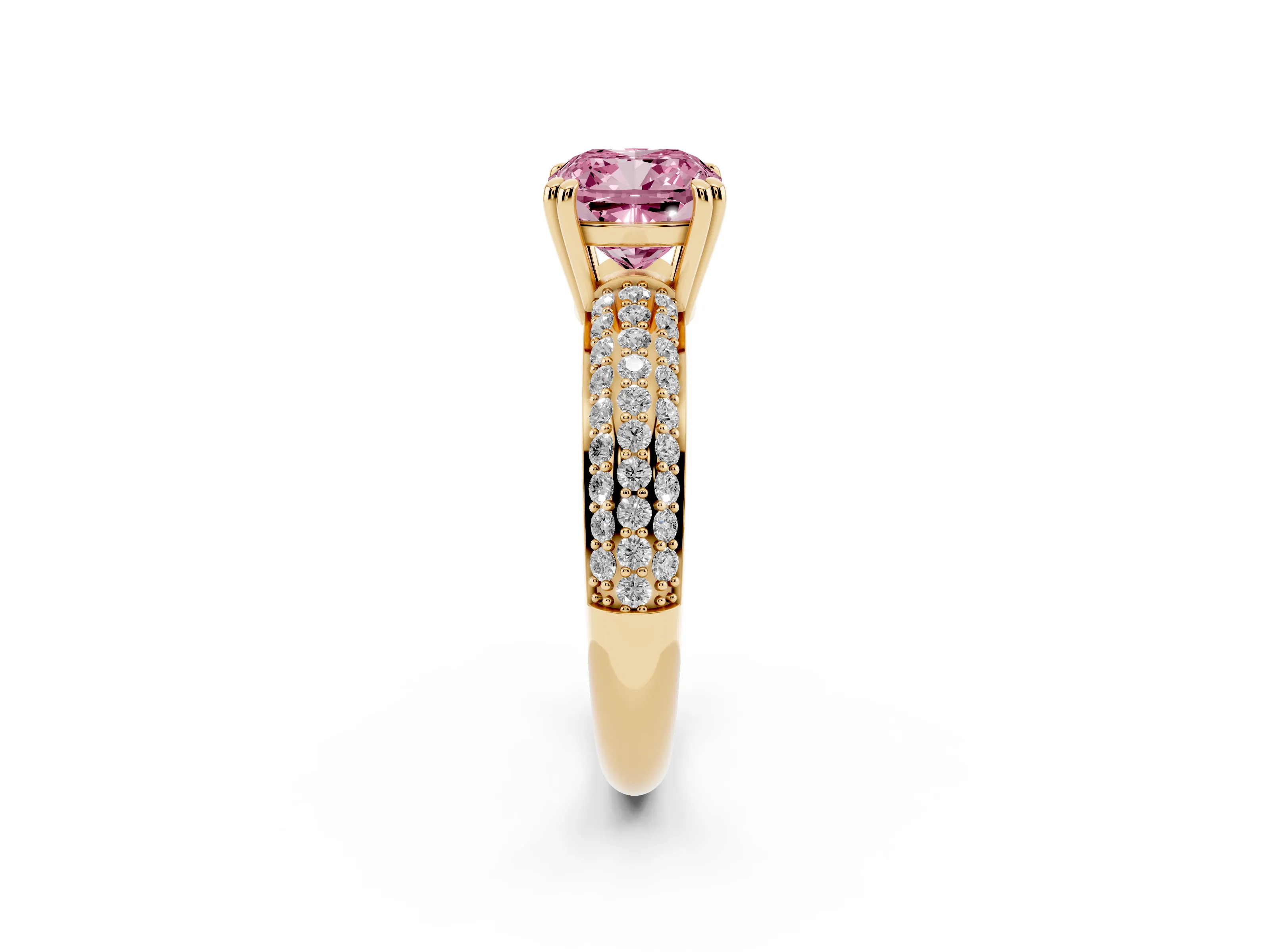 Fancy Pink Cushion Cut Diamond Solitaire Ring Set in Yellow gold with Multi-Row Round Pavé Band and Prong Setting