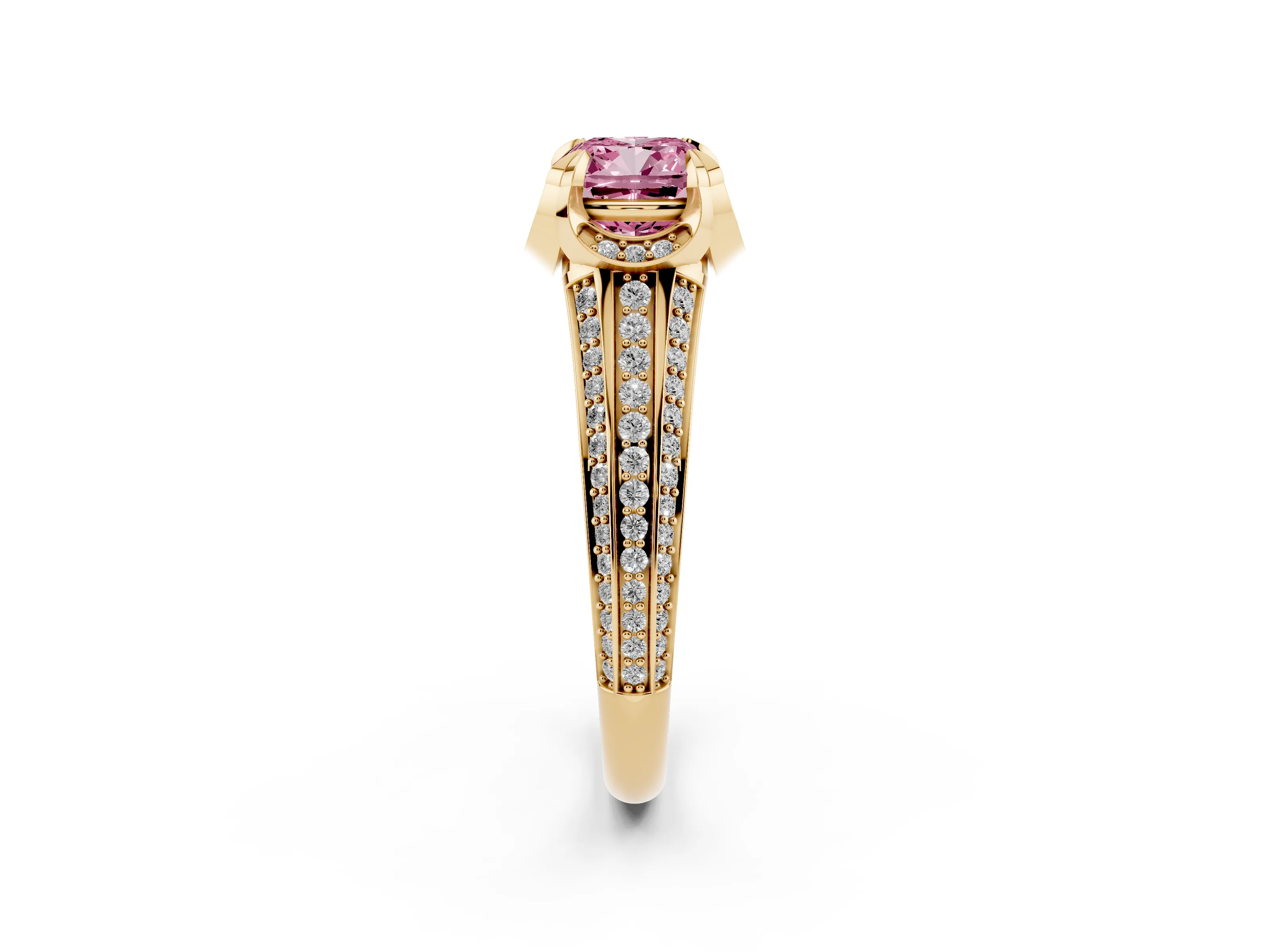 Fancy Pink Cushion Cut Diamond Pavé Split Shank Solitaire Ring Set in Yellow gold with Prong Setting
