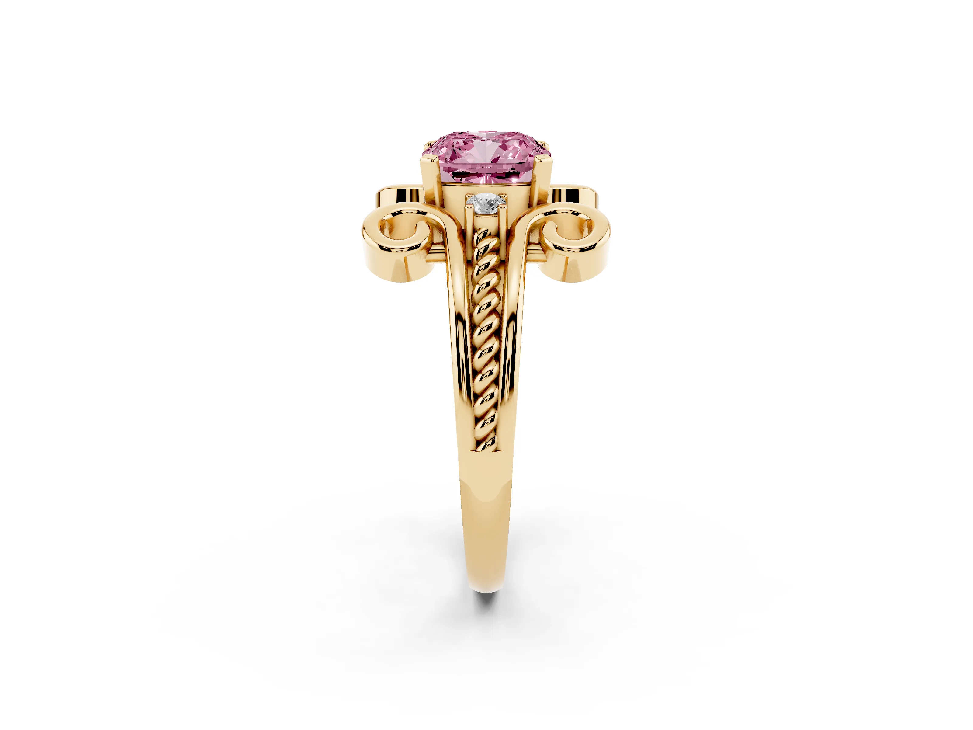 Fancy Pink Cushion Cut Diamond Twisted Band Solitaire Ring Set in Yellow gold with Scroll Prongs
