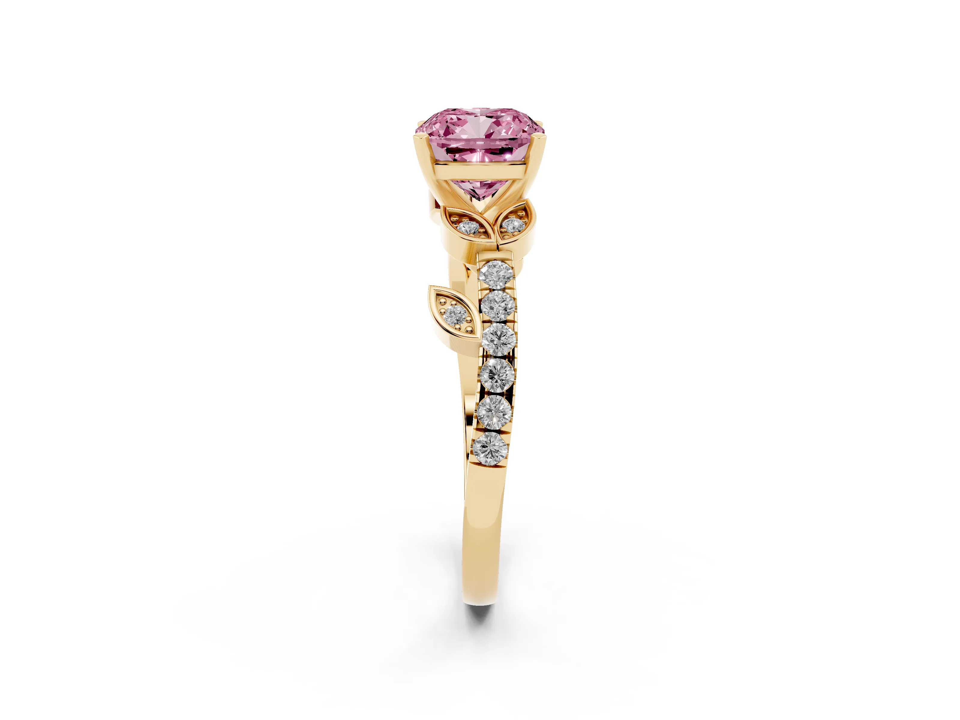 Fancy Pink Cushion Cut Diamond Solitaire Leaf-Inspired Ring Set in Yellow gold with Pavé Band and Prong Setting