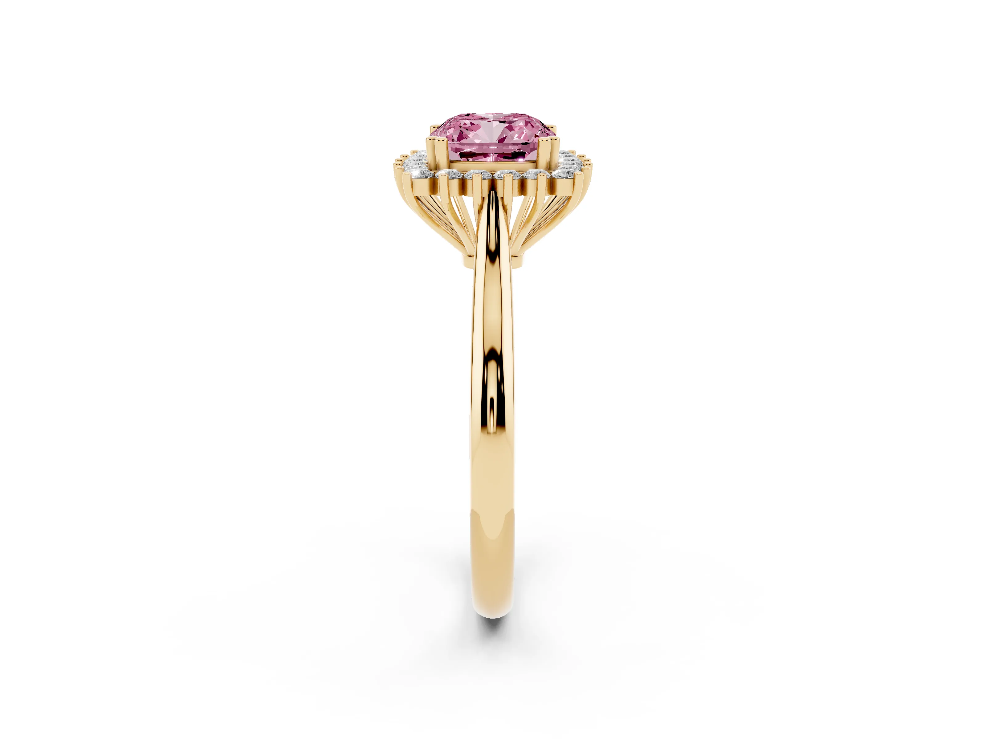 Fancy Pink Cushion Cut Diamond Halo Ring Set in Yellow gold with Plain Solitaire Band and Prong Setting