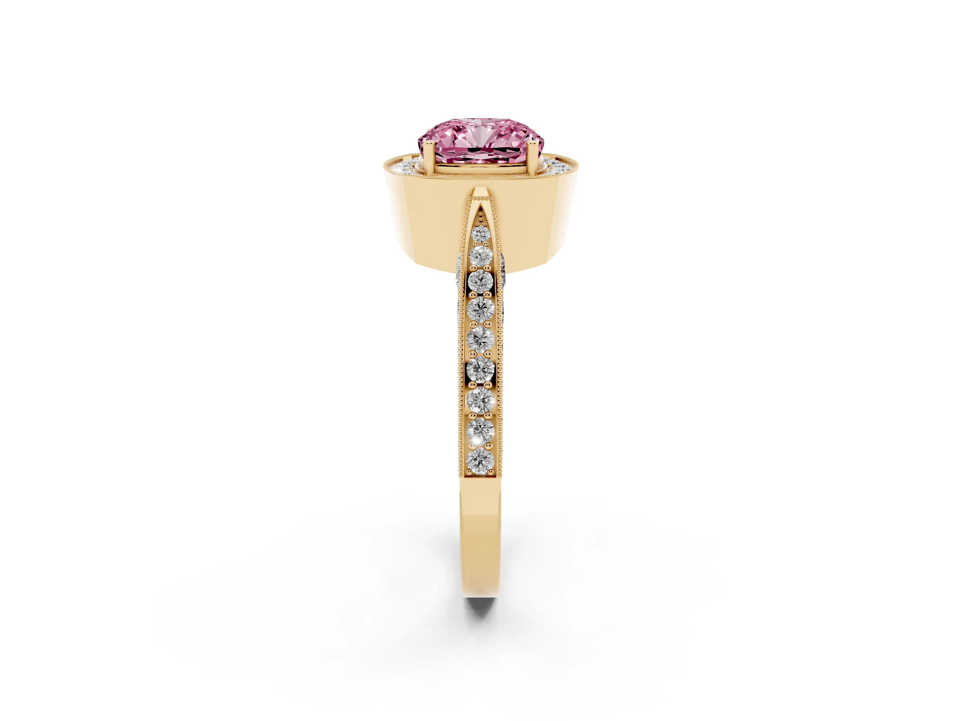 Fancy Pink Cushion Cut Diamond Halo Engagement Ring Set in Yellow gold with Accent Split Shank Band