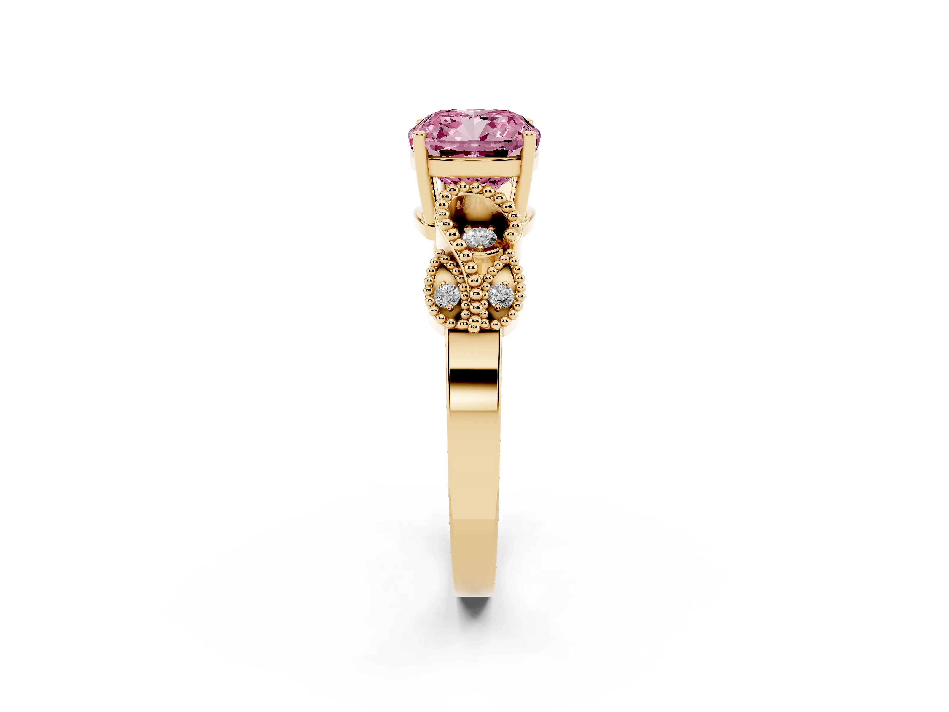 Fancy Pink Cushion Cut Diamond Milgrain Leaf Band Solitaire Ring Set in Yellow gold with Accent Stones and Prong Setting