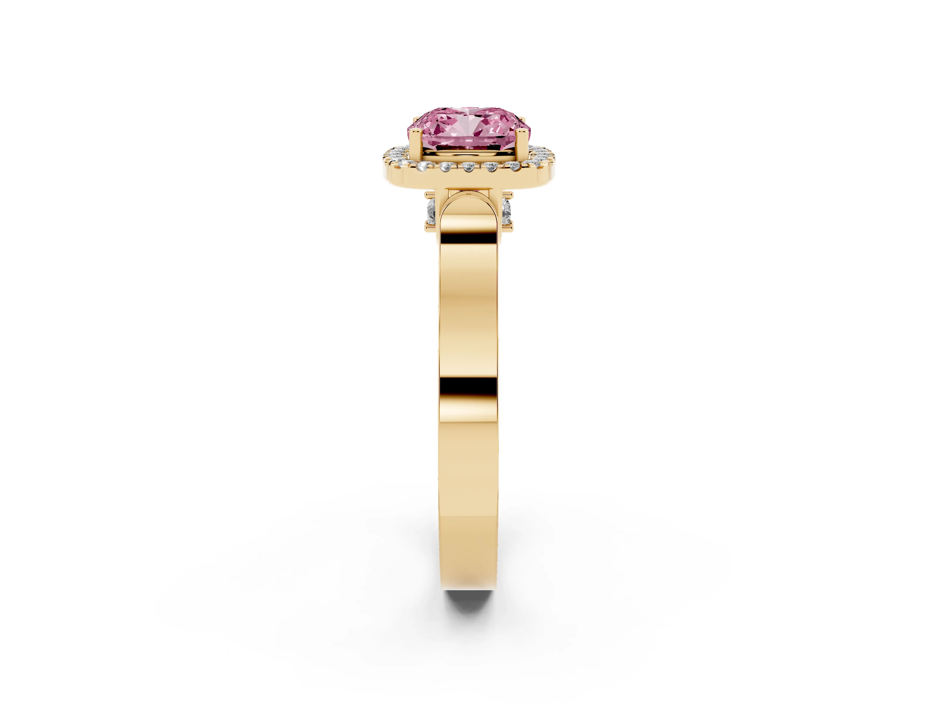 Fancy Pink Cushion Cut Diamond Halo Ring Set in Yellow gold with Pavé-Lined Split Shank Band