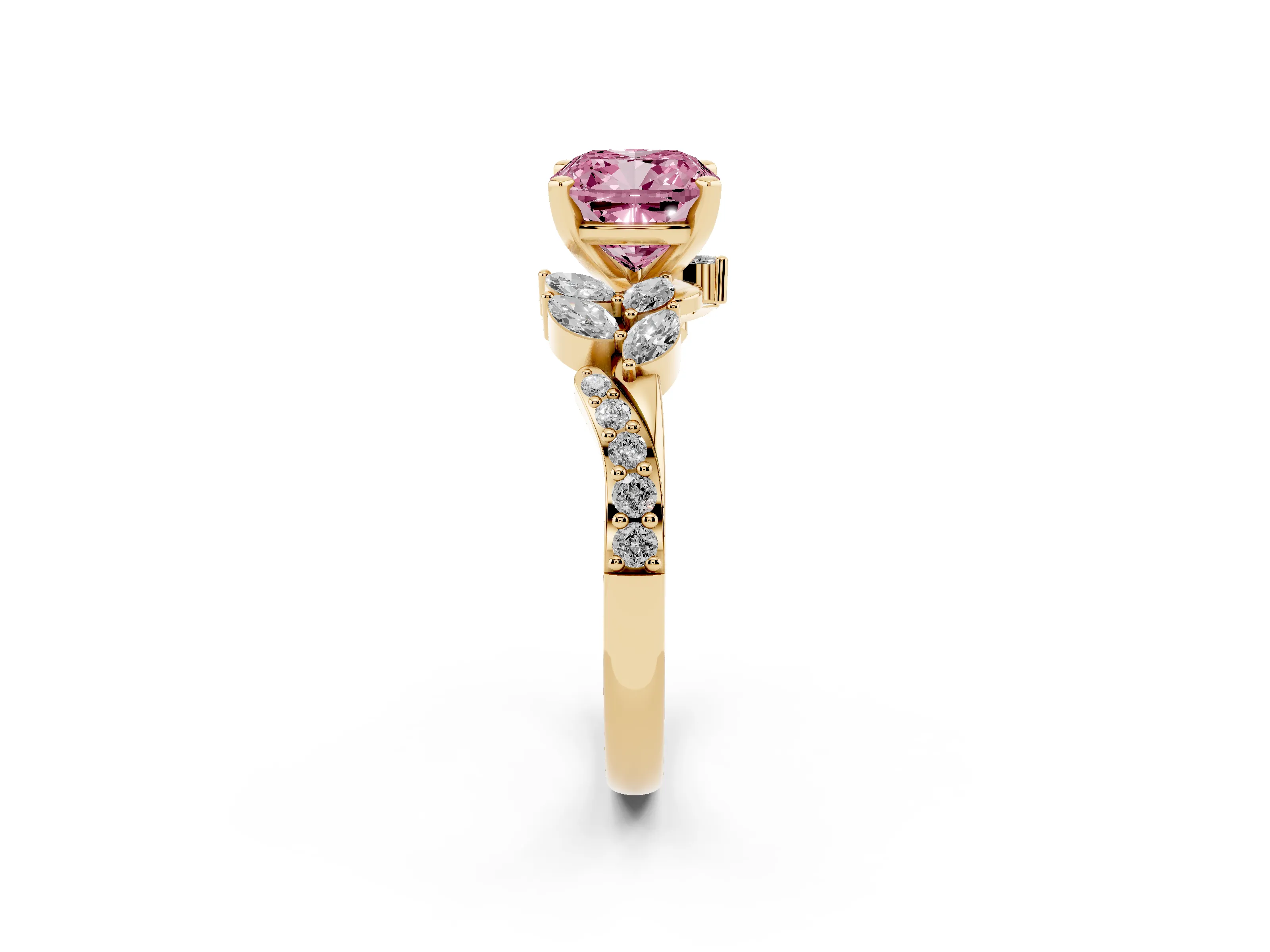 Fancy Pink Cushion Cut Diamond Solitaire Ring Set in Yellow gold with Marquise Twist Band and Prong Setting