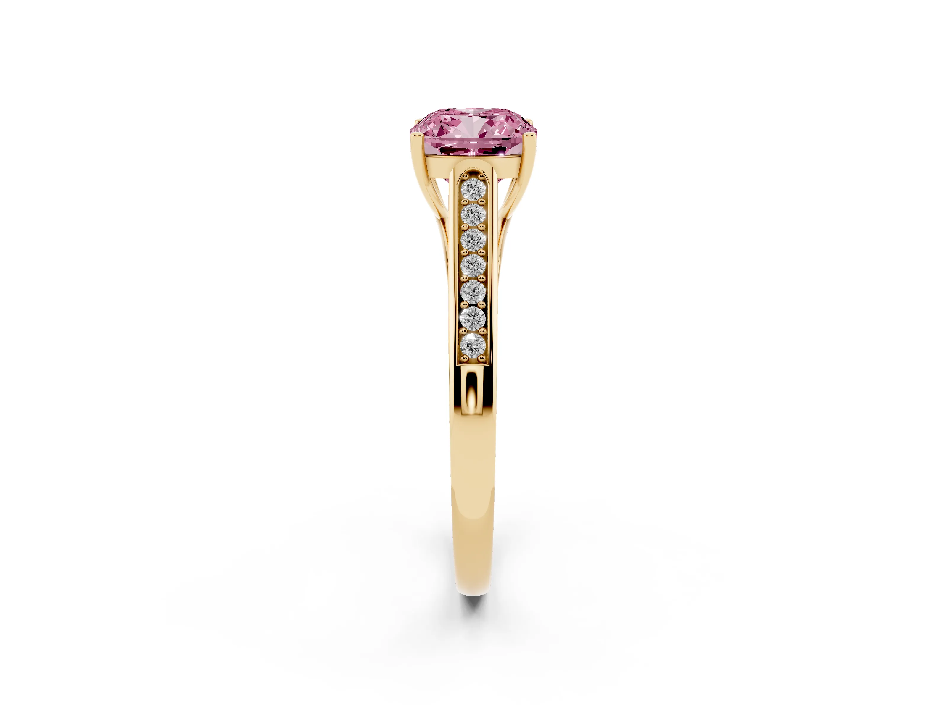 Fancy Pink Cushion Cut Diamond Solitaire Cathedral Engagement Ring Set in Yellow gold with Channel-Set Band and Prong Setting