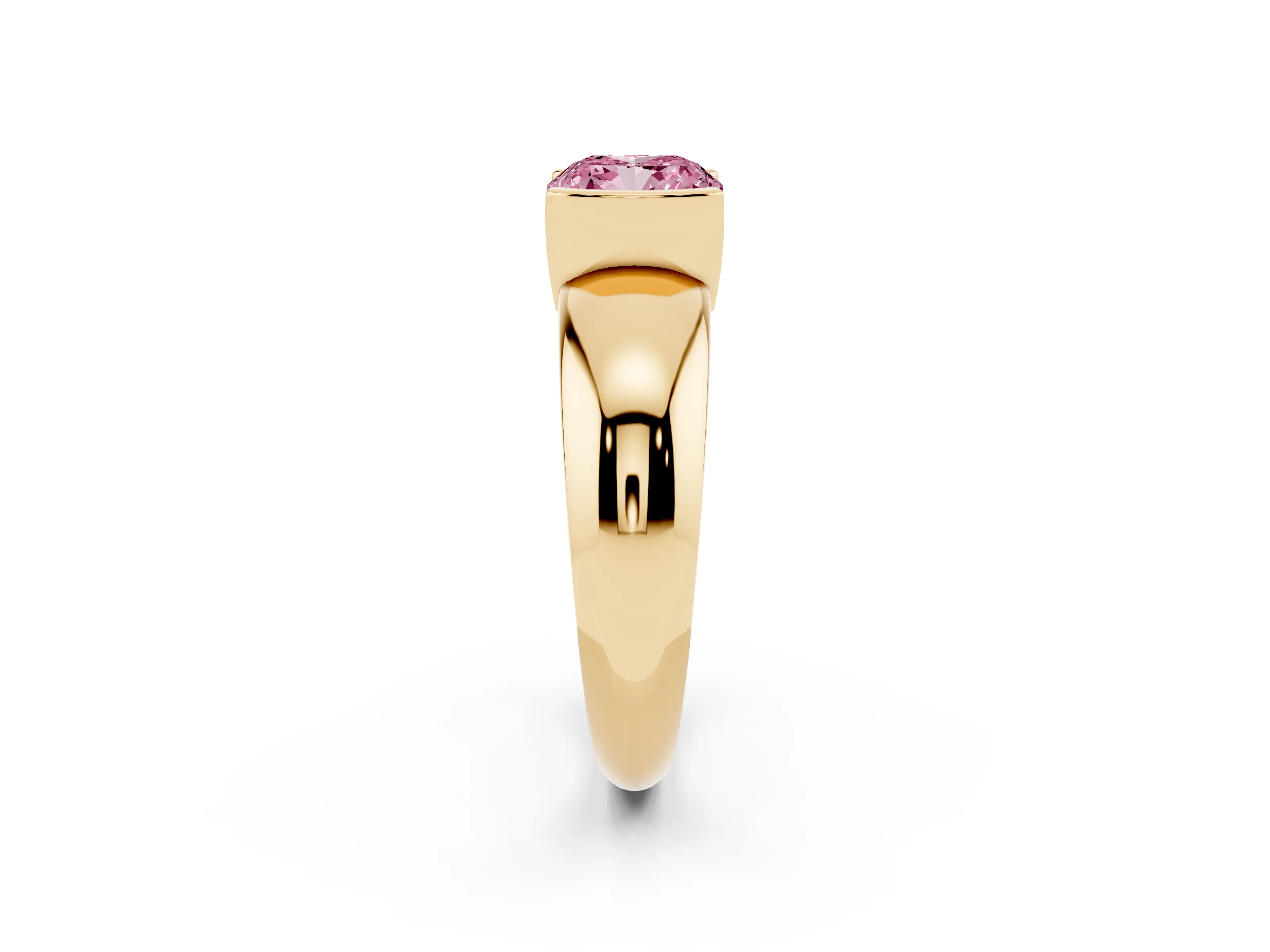 Fancy Pink Cushion Cut Diamond Solitaire Tension Set Ring Set in Yellow gold with Wide Band