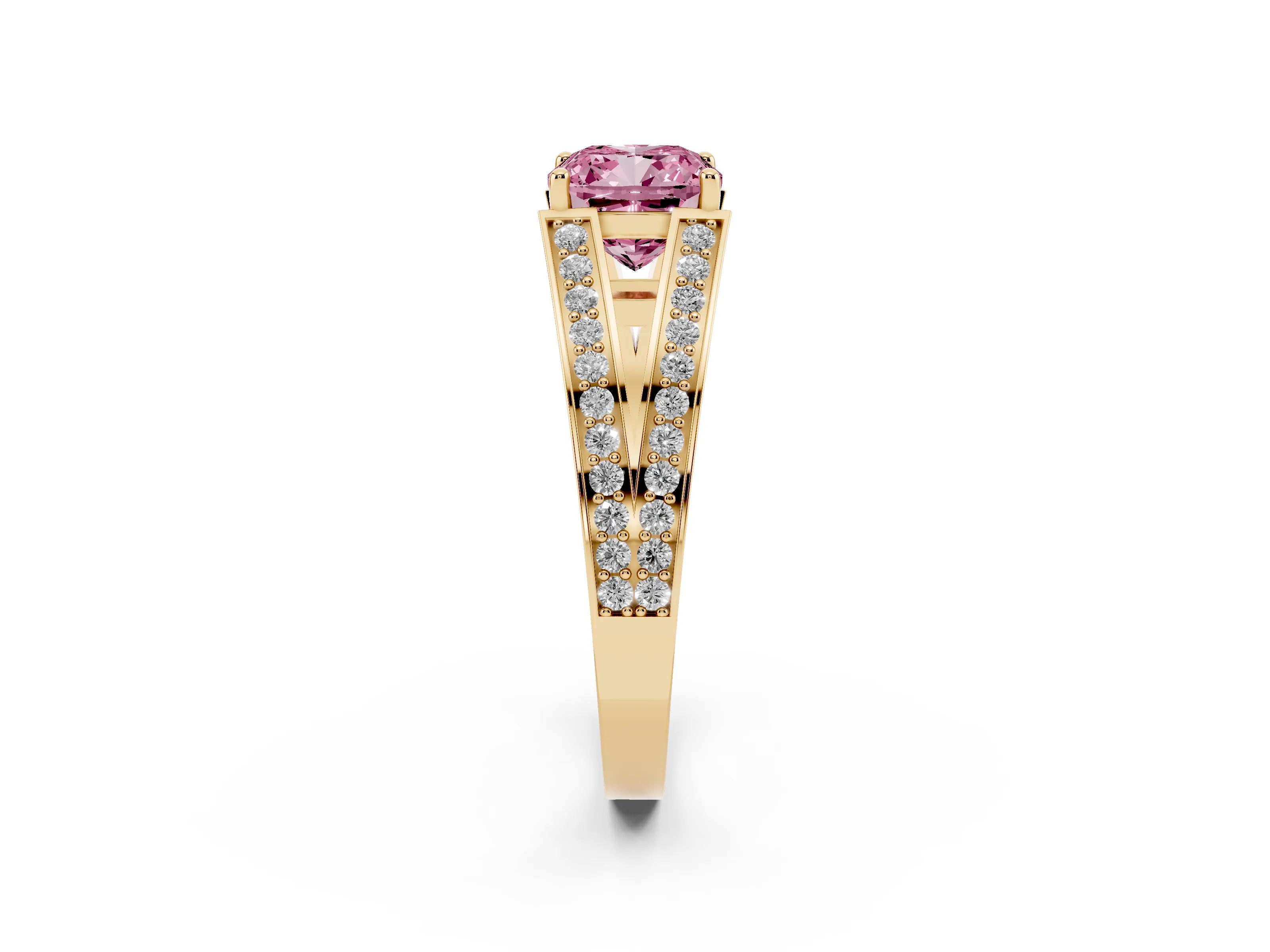 Fancy Pink Cushion Cut Diamond Split Shank Ring Set in Yellow gold with Pavé Band and Prong Setting