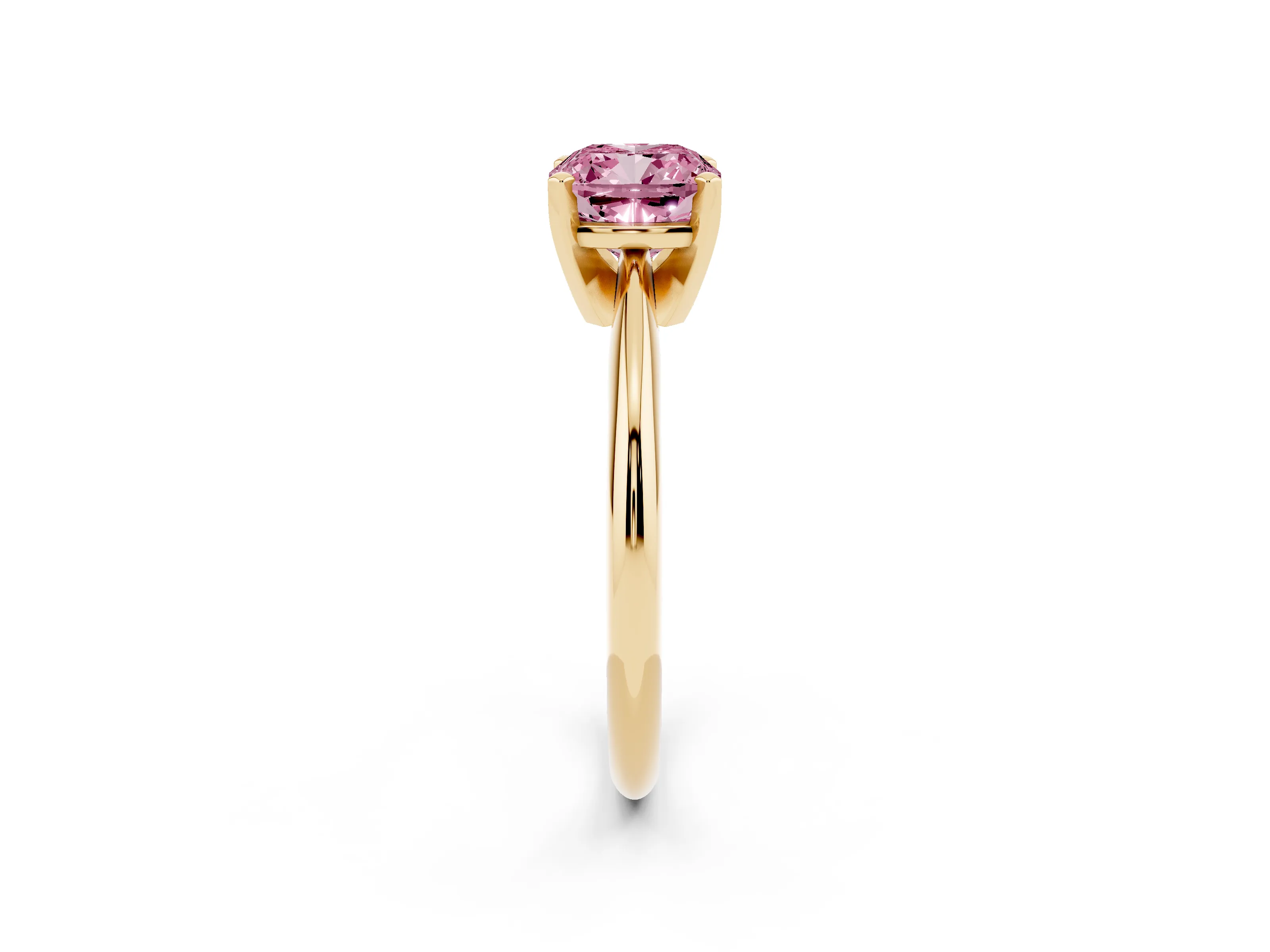Fancy Pink Cushion Cut Diamond Solitaire Ring Set in Yellow gold with Prong Setting on a Plain Round Band