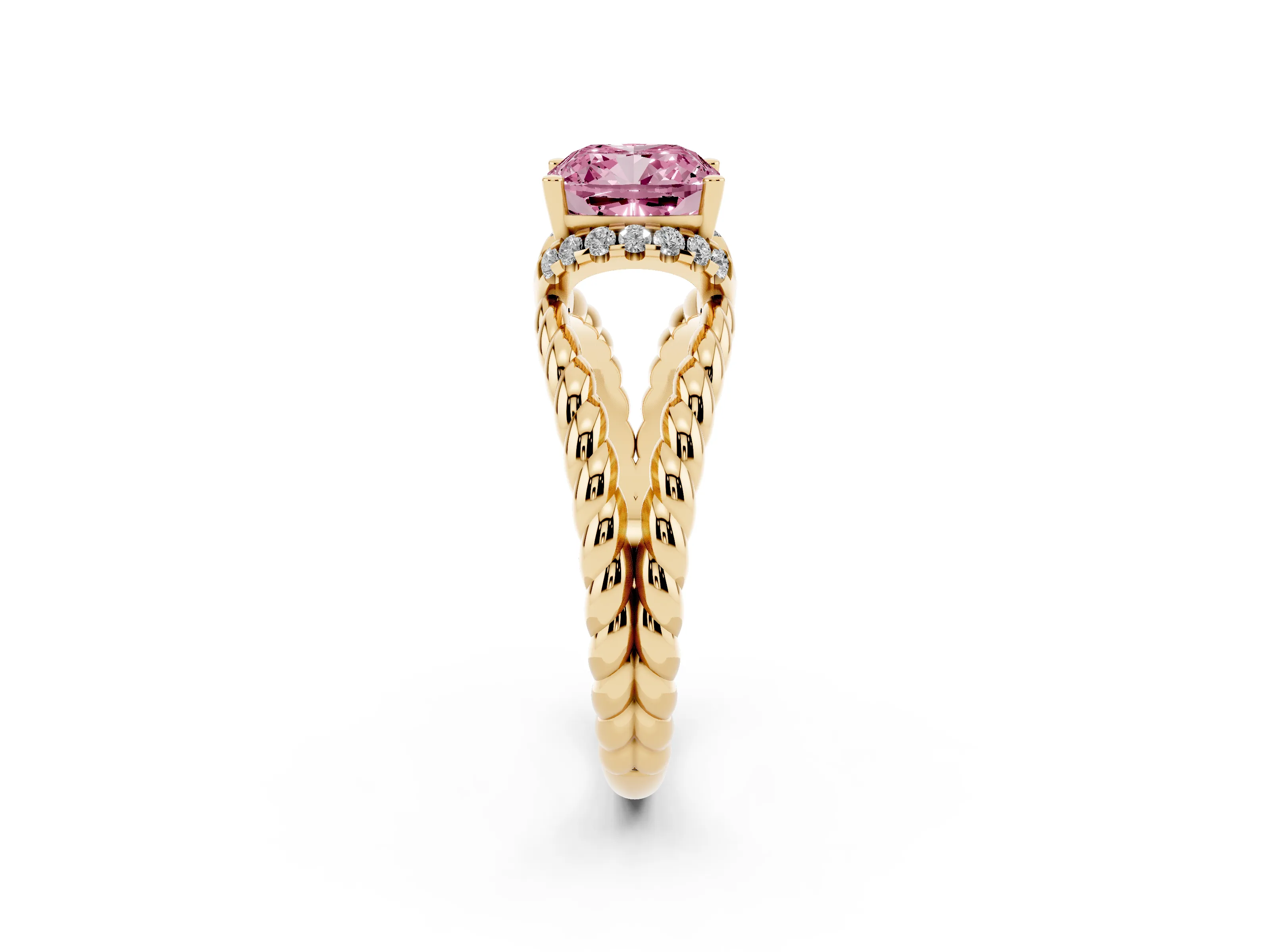 Fancy Pink Cushion Cut Diamond Halo Ring Set in Yellow gold with Twisted Band and Prong Setting