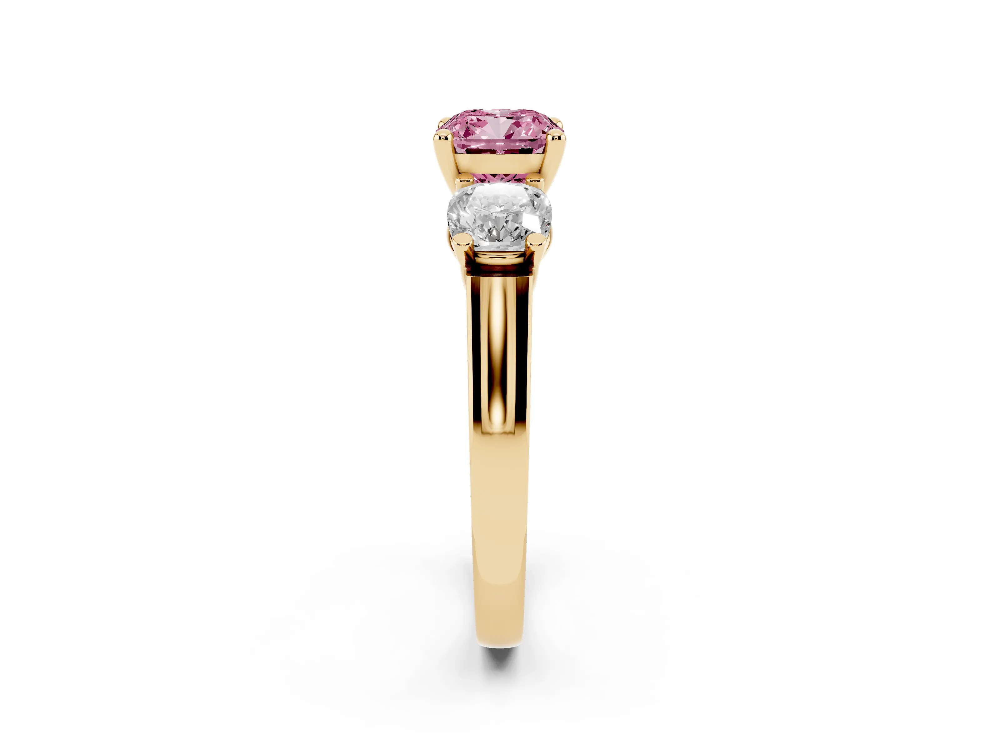 Fancy Pink Cushion Cut Diamond Three-Stone Trellis Ring Set in Yellow gold with Comfort Fit Band